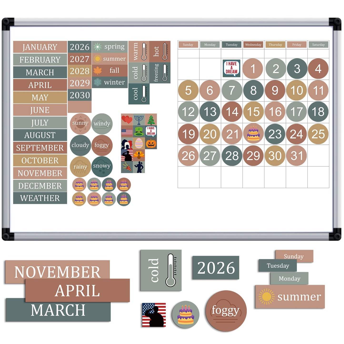 Lerheedi 94 Pcs Boho Calendar Magnets for Whiteboard Large Magnet Calendar Set Days of the Week Magnets for Refrigerator Classroom Weeks and Months