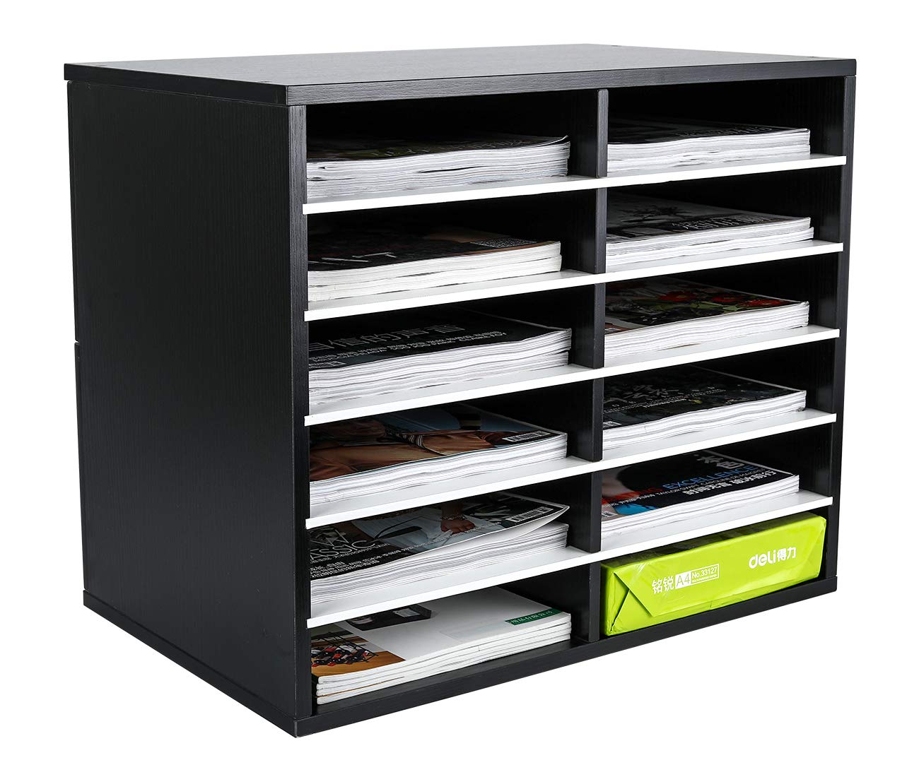 EasyPAG 12 Compartments Wooden Literature Organizer with Adjustable Shelves, 6000 Sheets Capacity Paper Organizer, Classroom Mailbox and Mail Sorter for Teachers and Office, Black/White