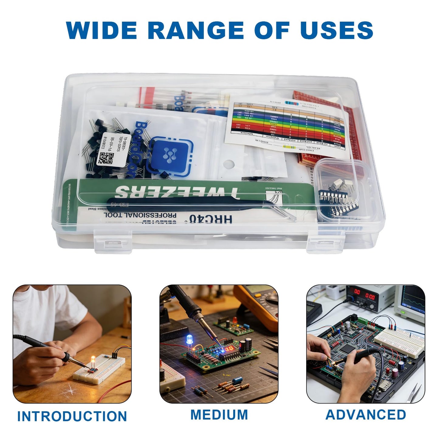 WOWOONE 805 Pcs Electronic Component Kit Compatible with Arduino, Raspberry Pi & STM32 | 4N35,74HC595,L293D,1% Resistors,RGB LEDs,5 PCB Boards,Storage Box for STEM DIY Projects