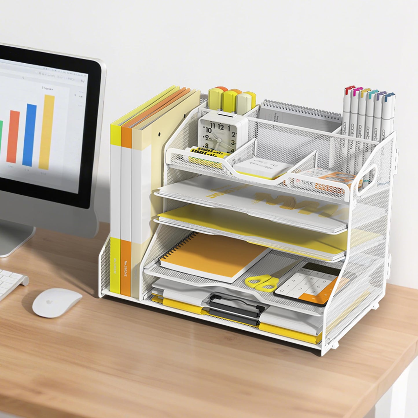 YINGHUA 5 Tier Paper Tray Letter Organizer with Top 6 Adjustable Compartments and File Holder - Paper Sorter Office Desktop Accessories with Handles for Document,Mail,School Supplies Storage,White