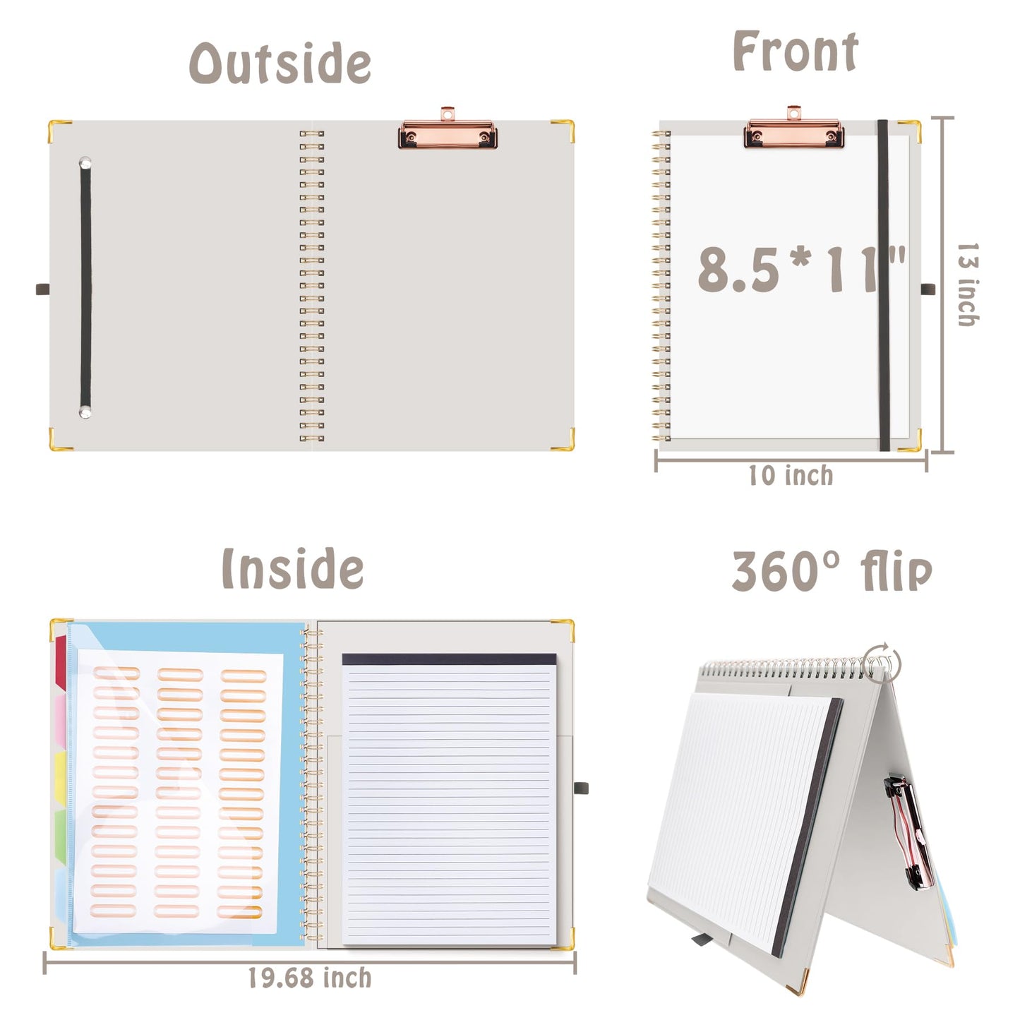 HAUTOCO Clipboard Folio with Refillable Lined Notepad for Letter Size (11" x 8.5"), 5 Dividers with 10 Pockets, Elastic Pen Holder and File Folder Labels, Spiral Nurse Clipboard Artboard(Gray)