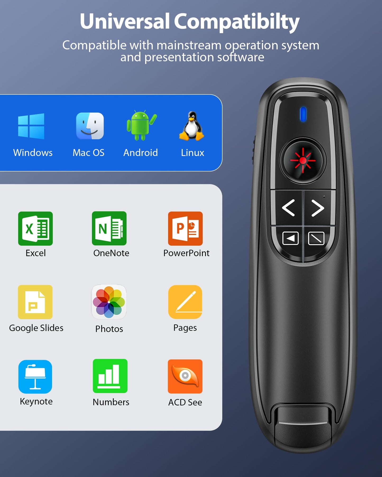 2-in-1 USB Type C Presentation Clicker Wireless Presenter Remote Clicker for PowerPoint Presentations with Clicker, RF 2.4GHz USB C PowerPoint Clicker Slide Advancer for Computer/Mac/Laptop