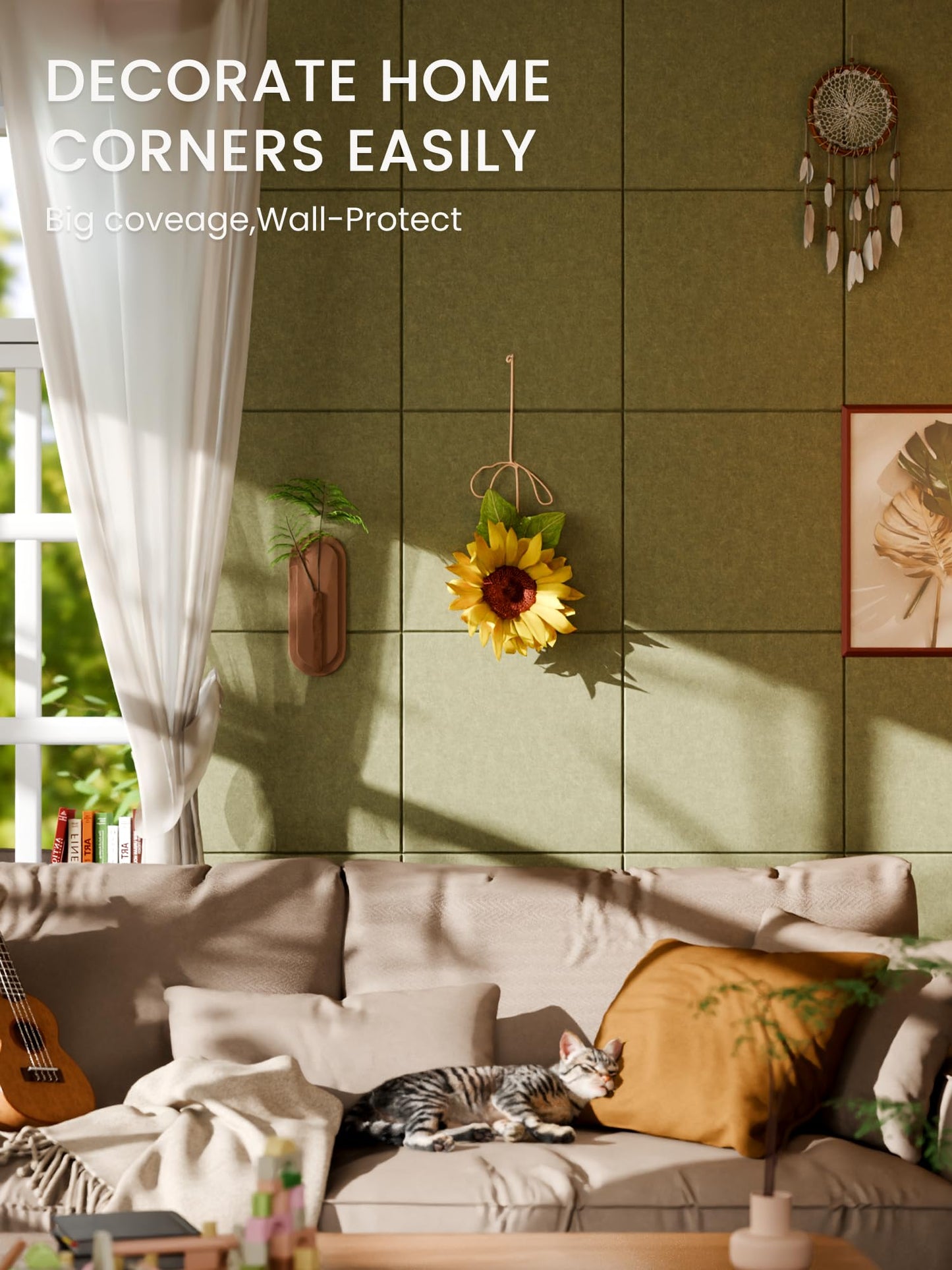 Bumusty Large Cork Board 48" x 36" Alternative - 12 Pack Felt Wall Tiles with 70 Safe Removable Adhesive Tabs, 30 Pushpins, Cork Boards for Walls Pin Board Bulletin Board Office Decor (Olive Green)