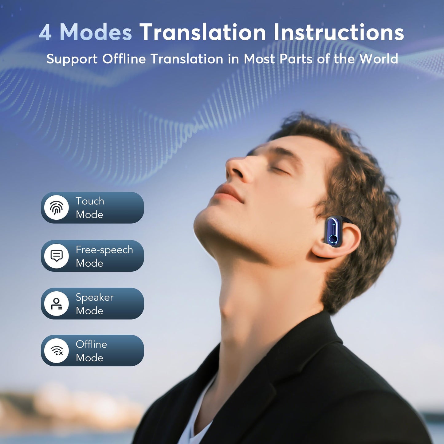 MOZC 168 Languages AI Live Translation Earbuds, 4-in-1 Smart Mode Bluetooth 5.4 Touch Screen Earphones Real-Time Headphones Translator, Fit iOS and Android Ideal for Business and Learning, Deep Blue