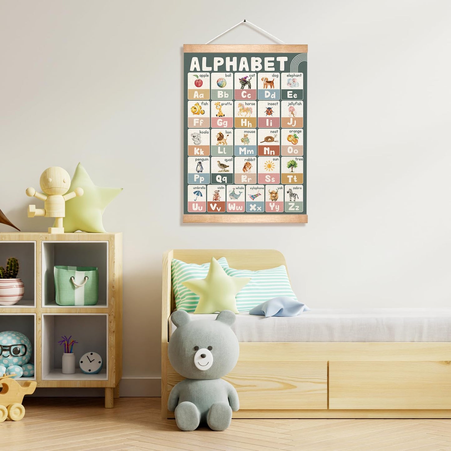 Educational Alphabet Chart Wall Art, 18.5x14Inch Colourful Alphabet Canvas Print Poster with Wooden Hanger, Classroom Learning Posters, A-Z Letters Wall Art Decor for Nursery,Playroom and Home School