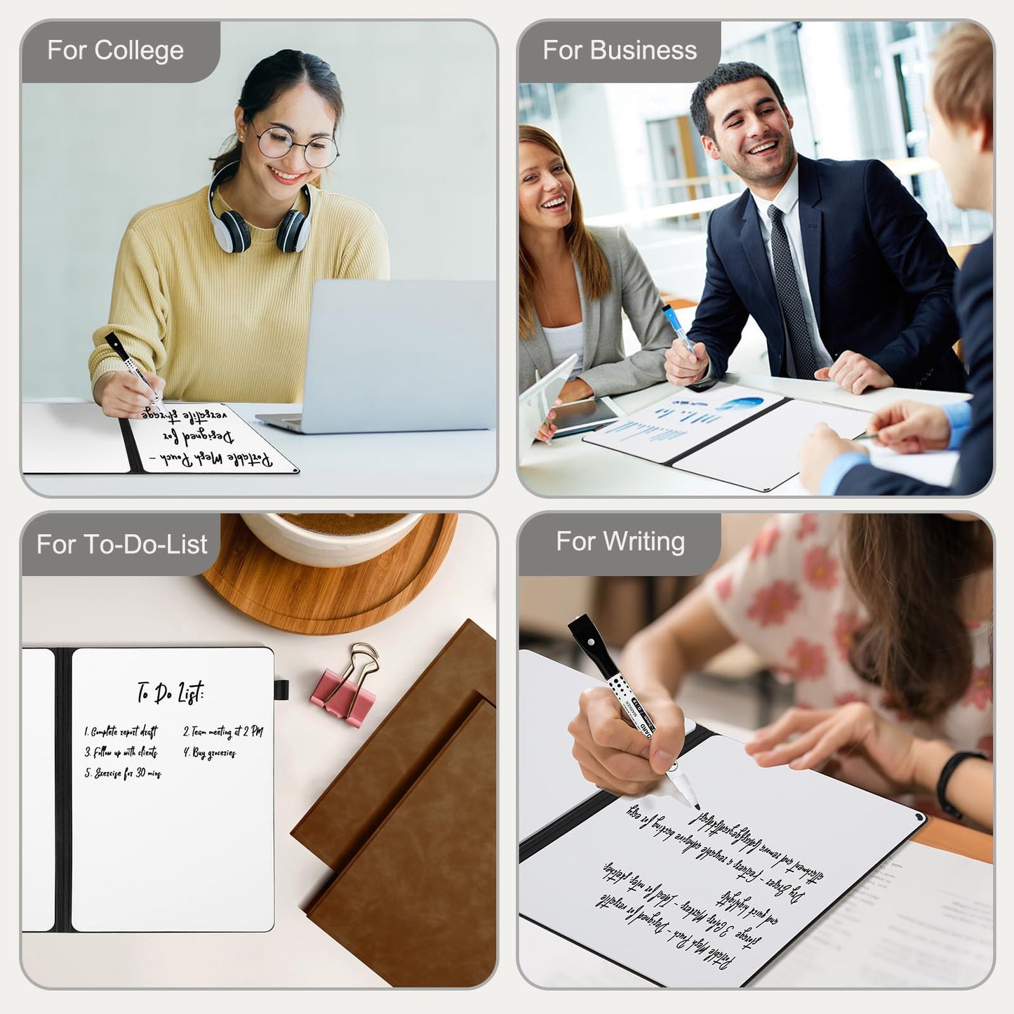 AGM Portable White Board Dry Erase Notebook, 12" x 9" Double Sided Folding Whiteboards with 3 Pens, Small Travel Dry Erase Board Skin-Friendly Material for Study, Meeting, Planning, Brown