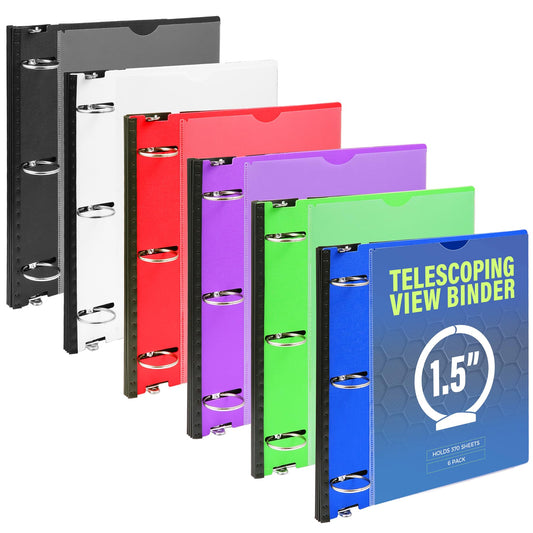 WOT I 1.5 Inch Telescoping 3 Ring Binder 6 Pack, Expandable Flexible Binder with Customizable Front Cover & Clear Catalog Pocket, Holds 370 Sheets, Assorted Colors, School Office Supplies