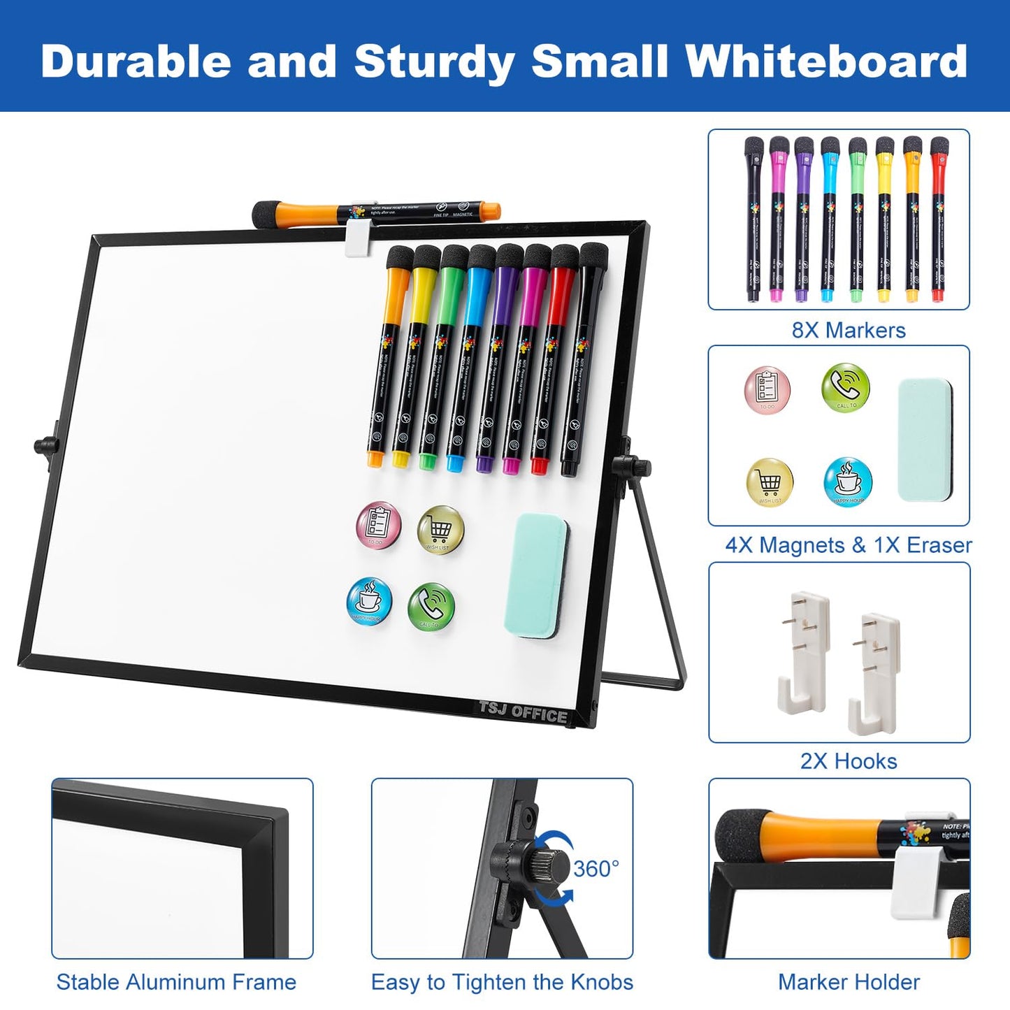 TSJ OFFICE Small White Board - 12 X 16 Inches Small Magnetic Dry Erase Board with Hooks for Wall, Desktop Whiteboard Stand 360 Degrees Revolving Double Sided for Office, Home, School, Black
