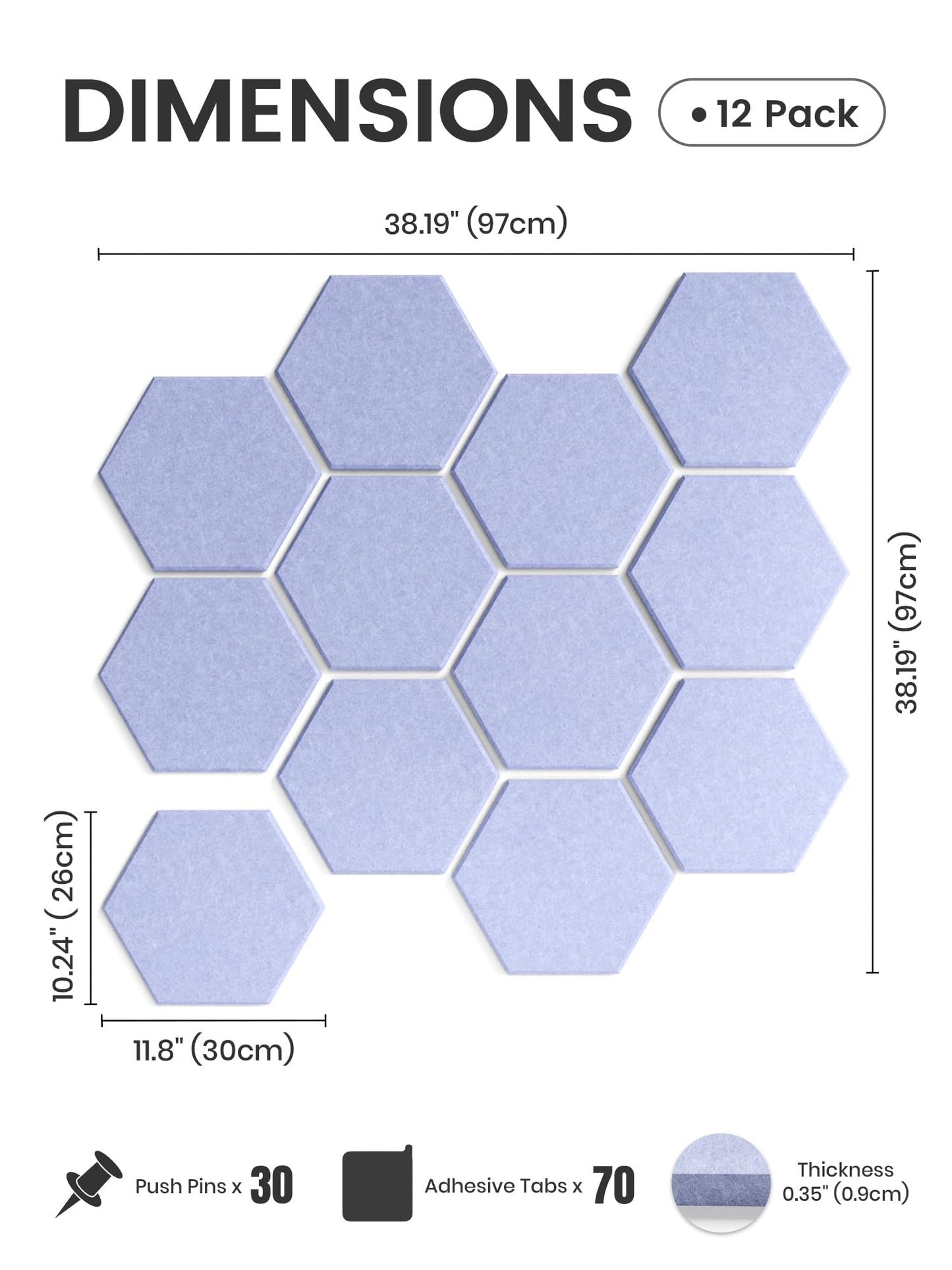 Fluxynara Hexagon Cork Board Alternative for Walls Decor-12-Pack Felt Bulletin Board Tiles,with 30 Pushpins,70 Adhesive Tabs for Office,Classrooms & Home Pin Board Felt Board-Soft Periwinkle