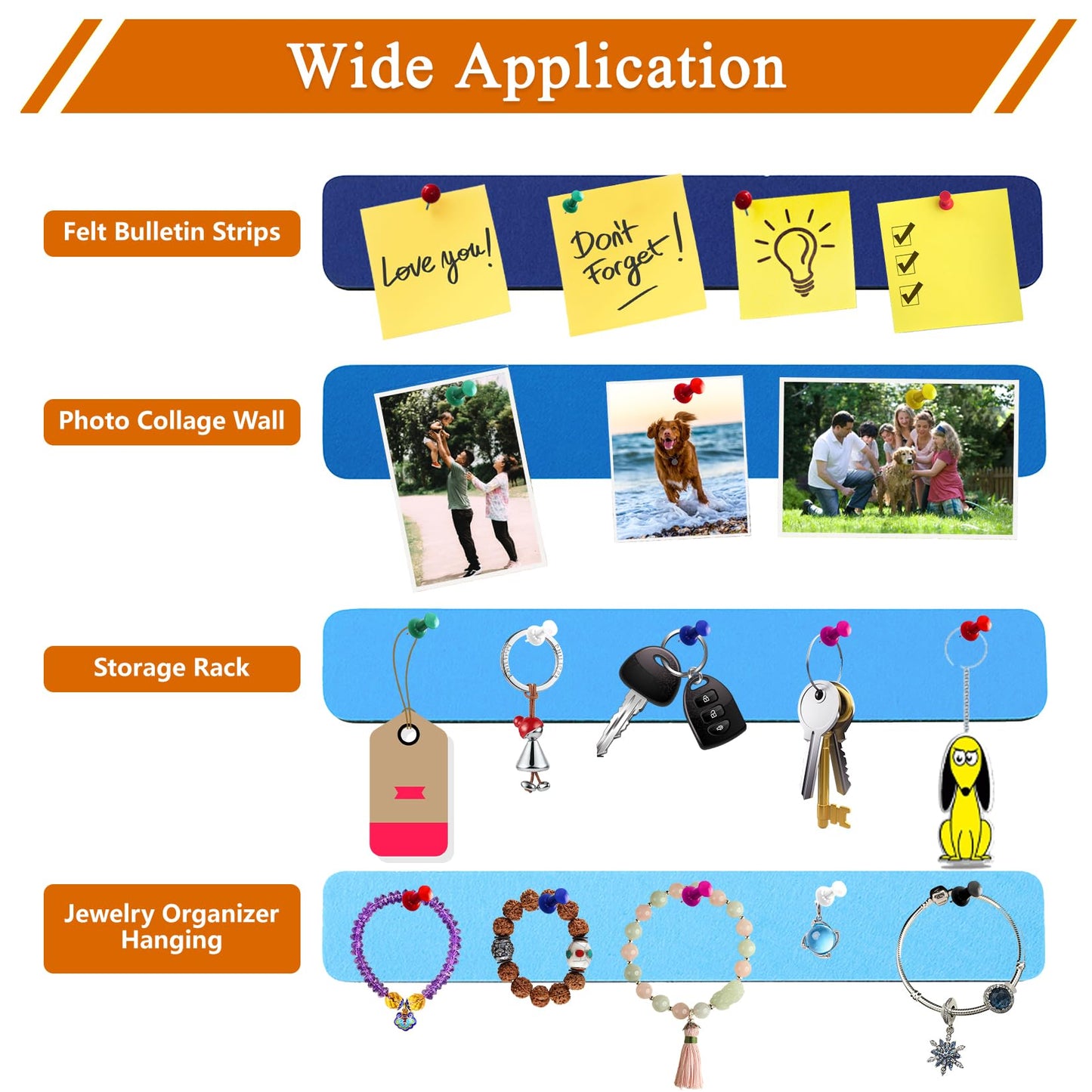 HULAVO 8Pcs Rectangle Felt Cork Board Bar Strips with 35 Pushpins, Self-Adhesive Bulletin Board Strips for Office School Home Wall Decor Stickers Memos Schedules Photos Display -Gradual Blue