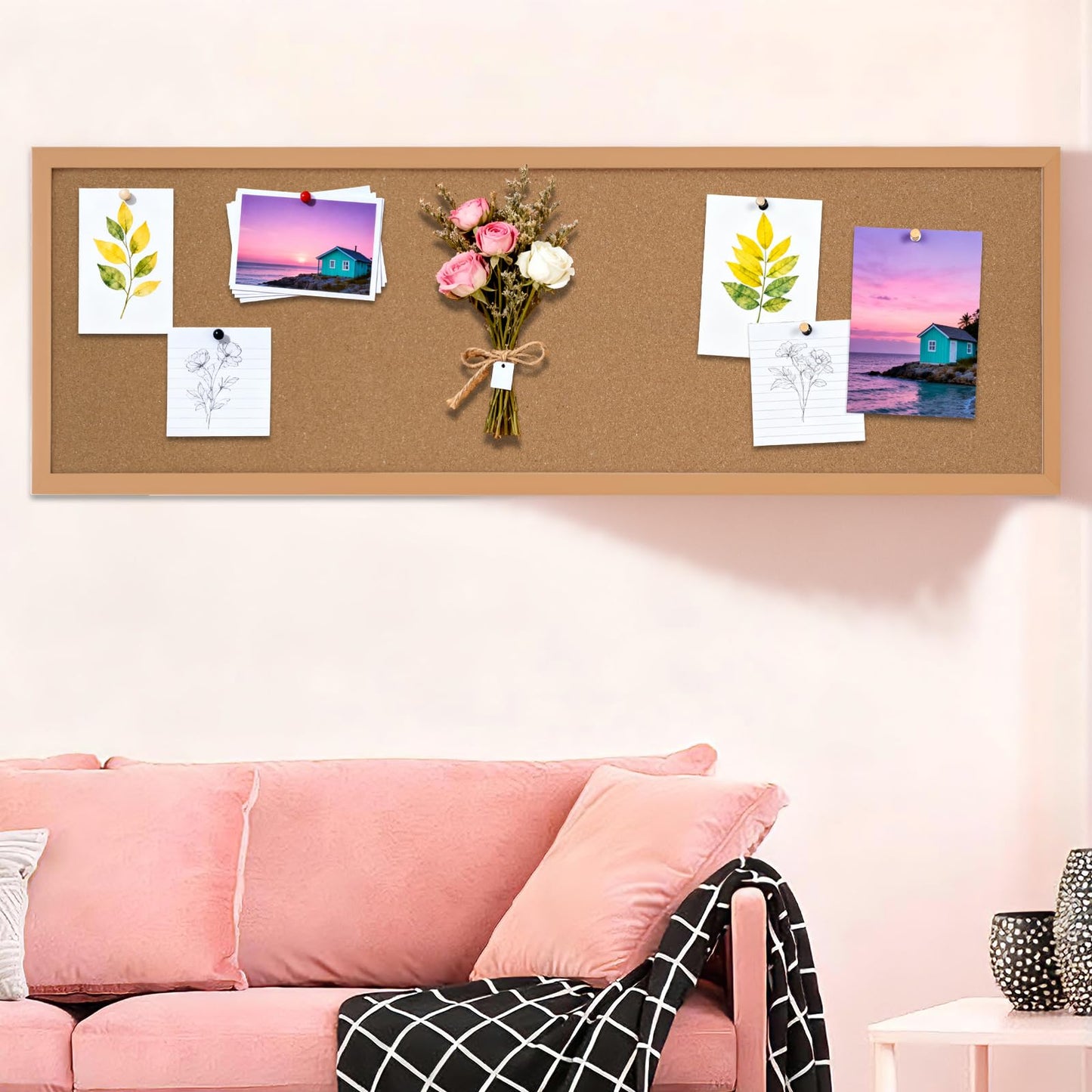LECEHIVO 2 Pcs 12'' x 36'' Cork Bulletin Board Wall Mounted Framed Large School Message Corkboard with Installation Kit Push Pins for Home and Office Decor Vision Background (Brown)