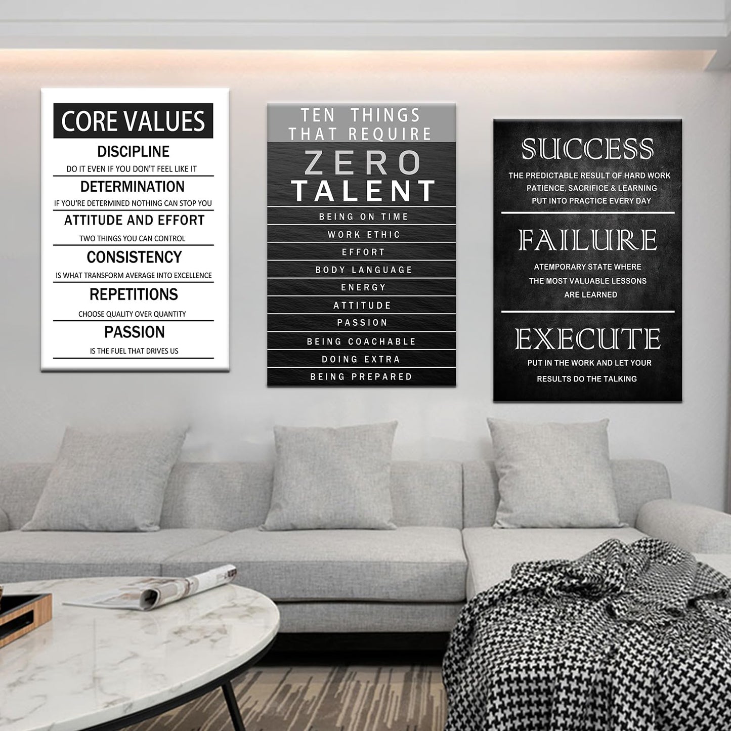 Office Inspirational Canvas Wall Art Core Values Quote Motivational Wall Decor Zero Talent Poster Picture Print 3 Panels Modern Inspiring Painting Artwork for Living Room Home Decor [72''Wx 36''H]