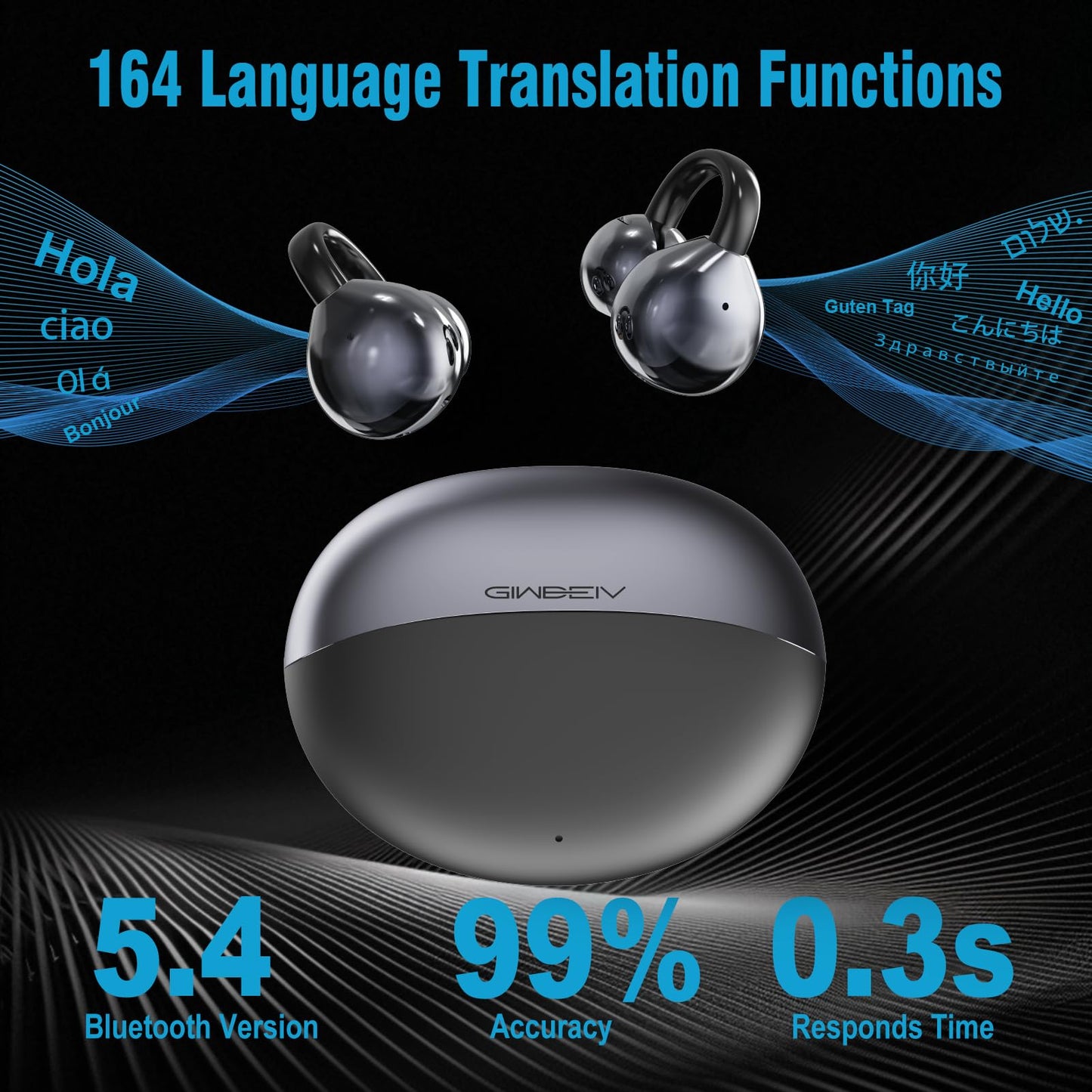 AI Translation Earbuds Real Time, 164 Language Translator Earbuds, 3-in-1 Wireless Clip on Earbuds, Bluetooth 5.4 Headphones, Translating Device for Travel Business Learning (Black)