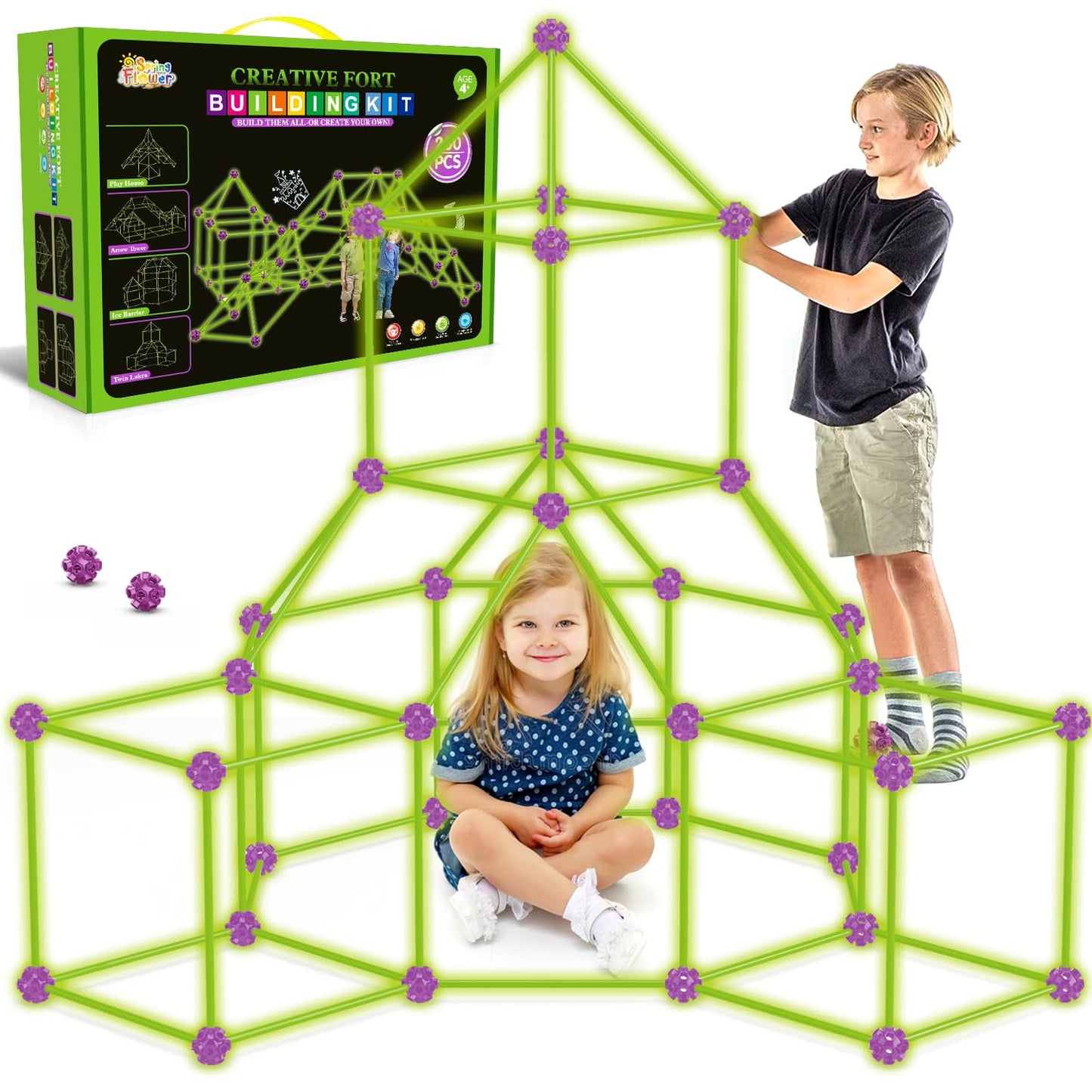 Glow In The Dark Fort Building Kit for Kids,STEM Construction Toys, Educational Gift for 3 4 5 6 7 8 9 10 11 12 Years Old Boys and Girls,Ultimate Creative Set for Indoor & Outdoors Activity,200 Pcs