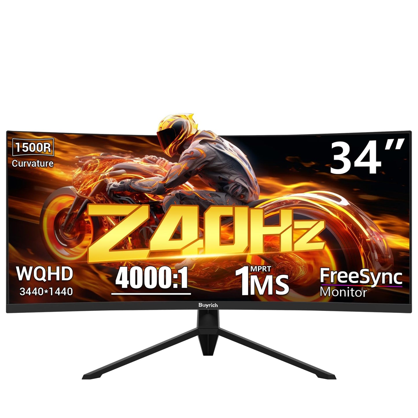 BUYRICH 34 Inch Curved Gaming Monitor, 240Hz Refresh Rate, UWQHD (3440x1440), 1500R, 1ms MPRT, 4000:1 Contrast Ratio, Sturdy Metal Stand, VESA Mountable, for PC Gamer and Immersive Gameplay