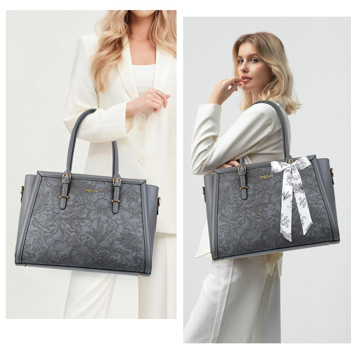 MOSISO Laptop Bag for Women, 17-17.3 inch PU Leather Tote Bag Compatible with MacBook, HP, Dell, Asus Notebook, Front Embossed Retro Hibiscus Computer Bags with Silk Scarf&Clutch Purse, Gray