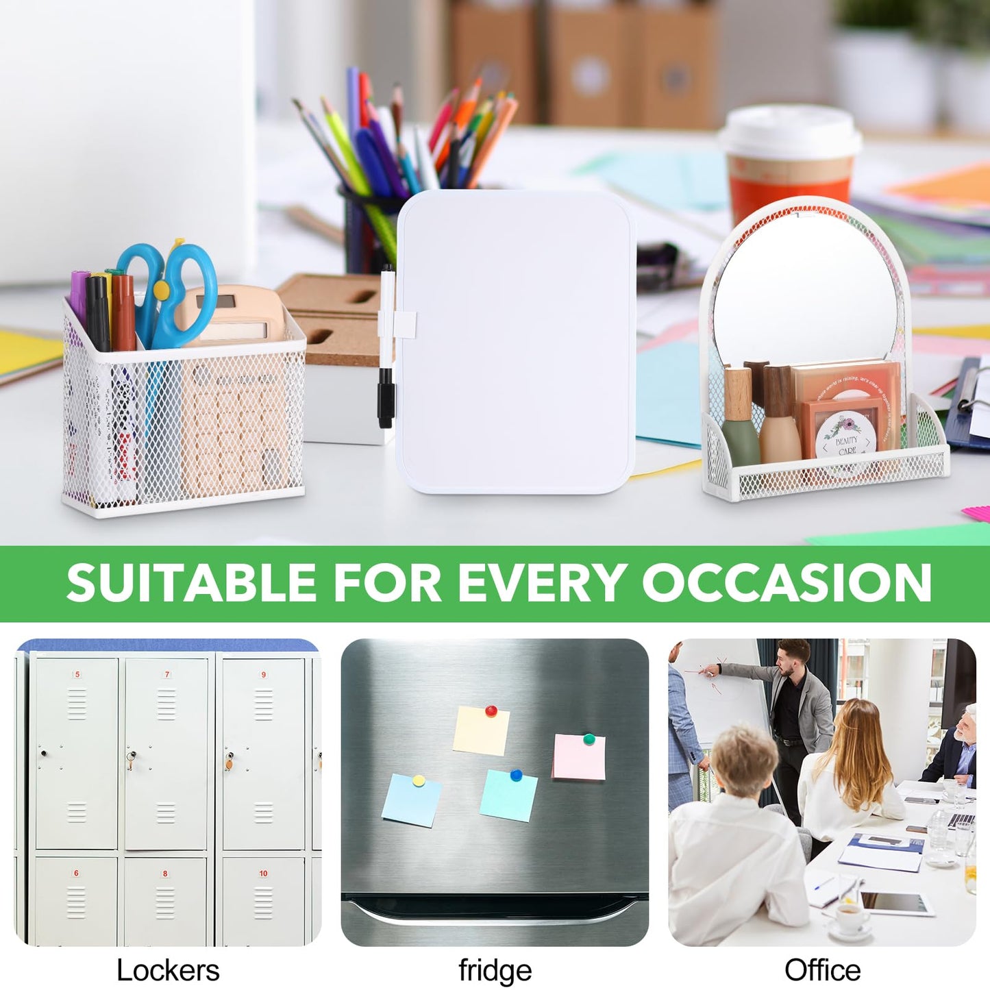 CroBlissful Set of 3 Magnetic Locker Accessories Include Mirror with Bottom Tray Magnetic Whiteboard with 2 Markers and Mesh Storage Basket for Students School Office Locker Organizer(White)