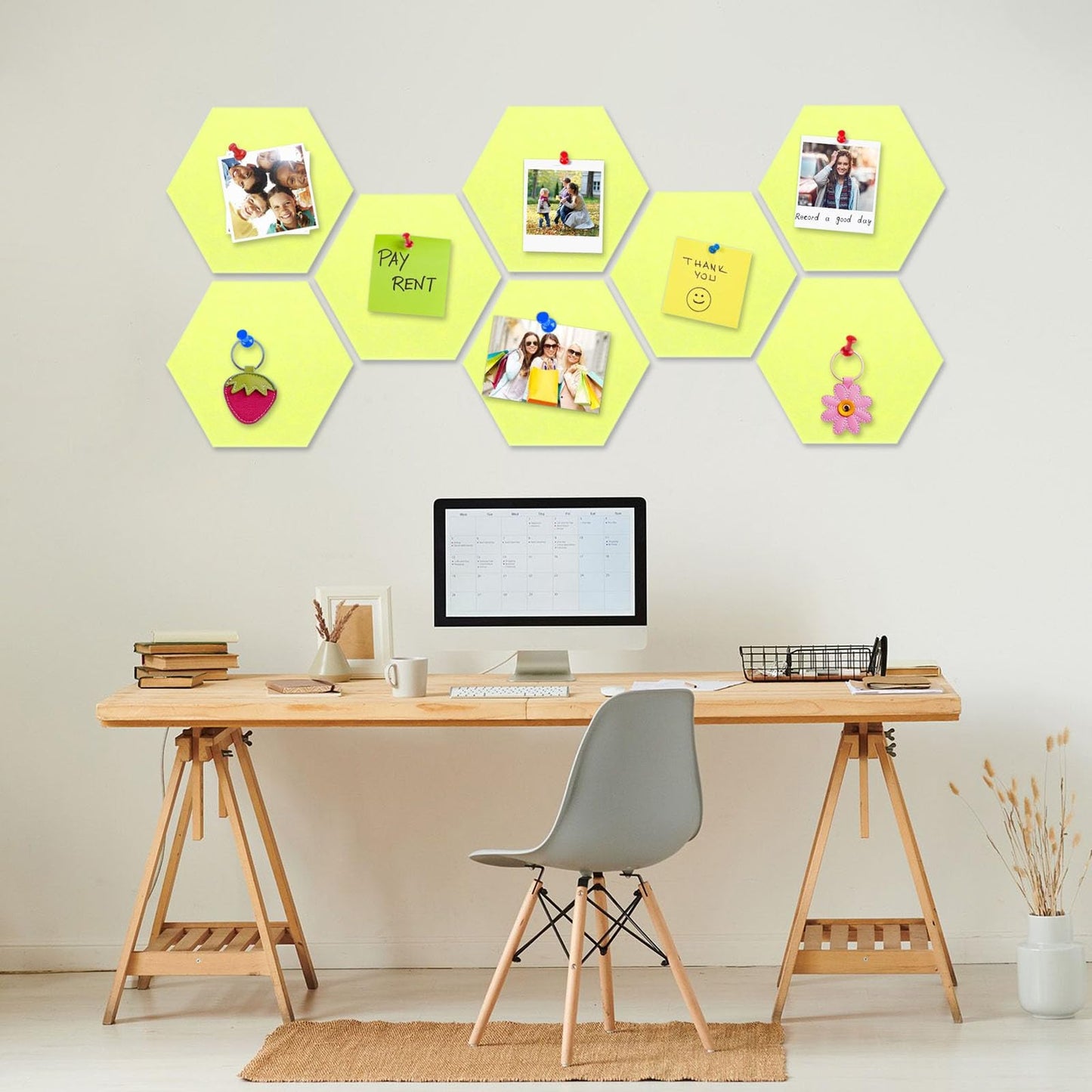 8 Packs Yellow Hexagon Felt Pin Board, 12" Bulletin Board with 30 Push Pins, Felt Board for Home Kitchen Office Decor, Self-Adhesive Corkboard Tiles for Walls Message Photos Memos Display