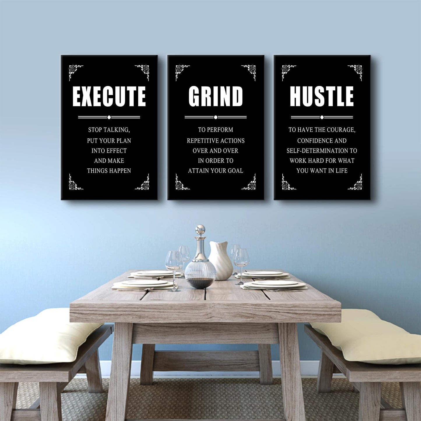 YSPCSUN 3 Panel Inspirational Wall Art for Office Walls Grind Hustle Execute Canvas Art Black and White Motivational Sign Framed Entrepreneur Life Success Quotes Room Decor Large, 48" x 24"