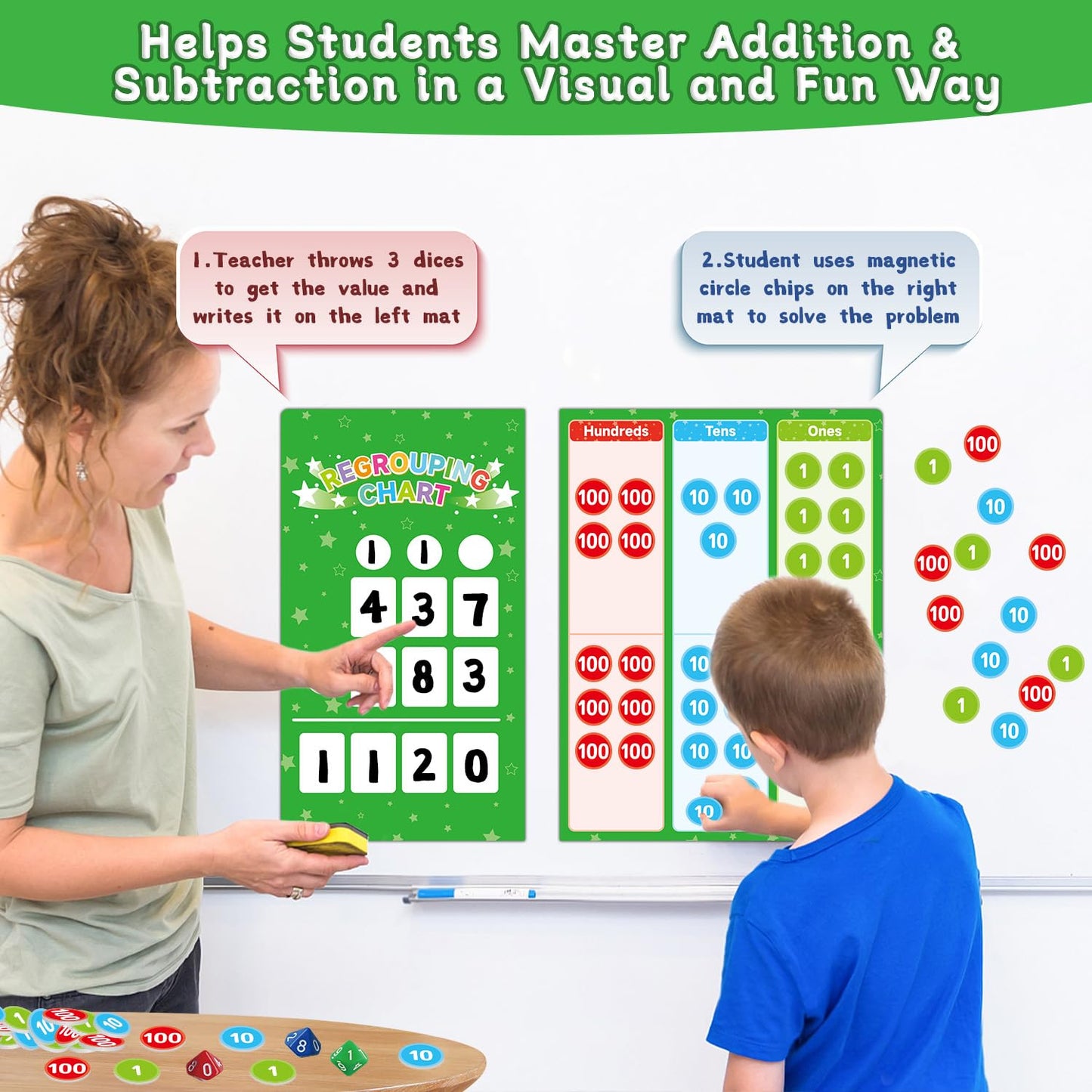 Magnetic Regrouping Math Base Ten Place Value, 2026 New Upgraded Addition & Subtraction Math Manipulatives Dry Erase Whiteboard for Kids 1st 2nd 3rd Grade, Math Games Homeschool Classroom Must Haves