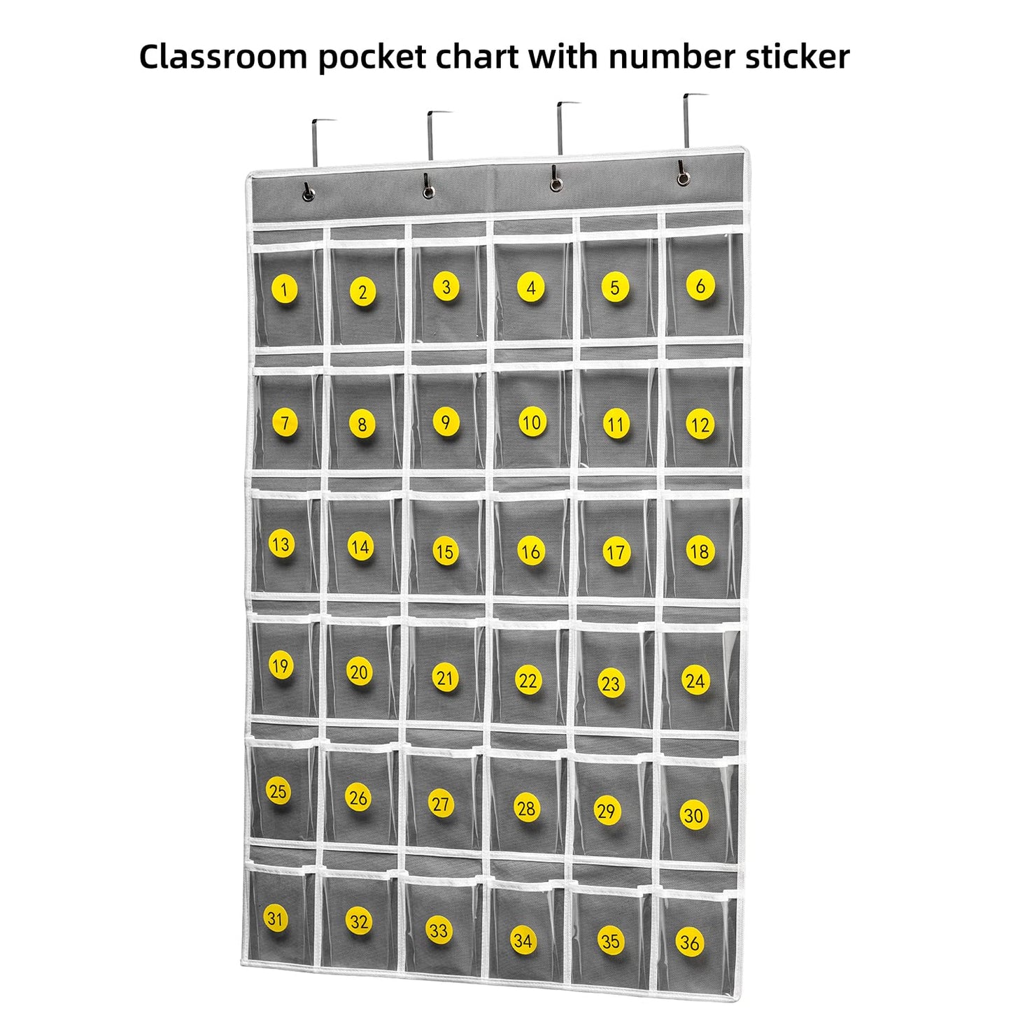 SAVERHO 36 Clear Pockets Classroom Pocket Chart for Cell Phones and Calculator Holder, Pocket Chart for Classroom Phone Holder with Number Stickers and Hooks (Grey)