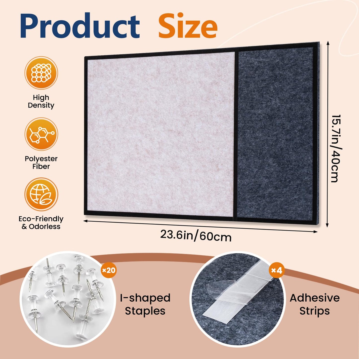 Felt Bulletin Board 23.6 x 15.7 Inch – Black Frame, Corkboard Alternative for Vision Board, Wall-Mounted Notice Board with 20 Push Pins, Home, Office & Classroom Organization – Light Camel