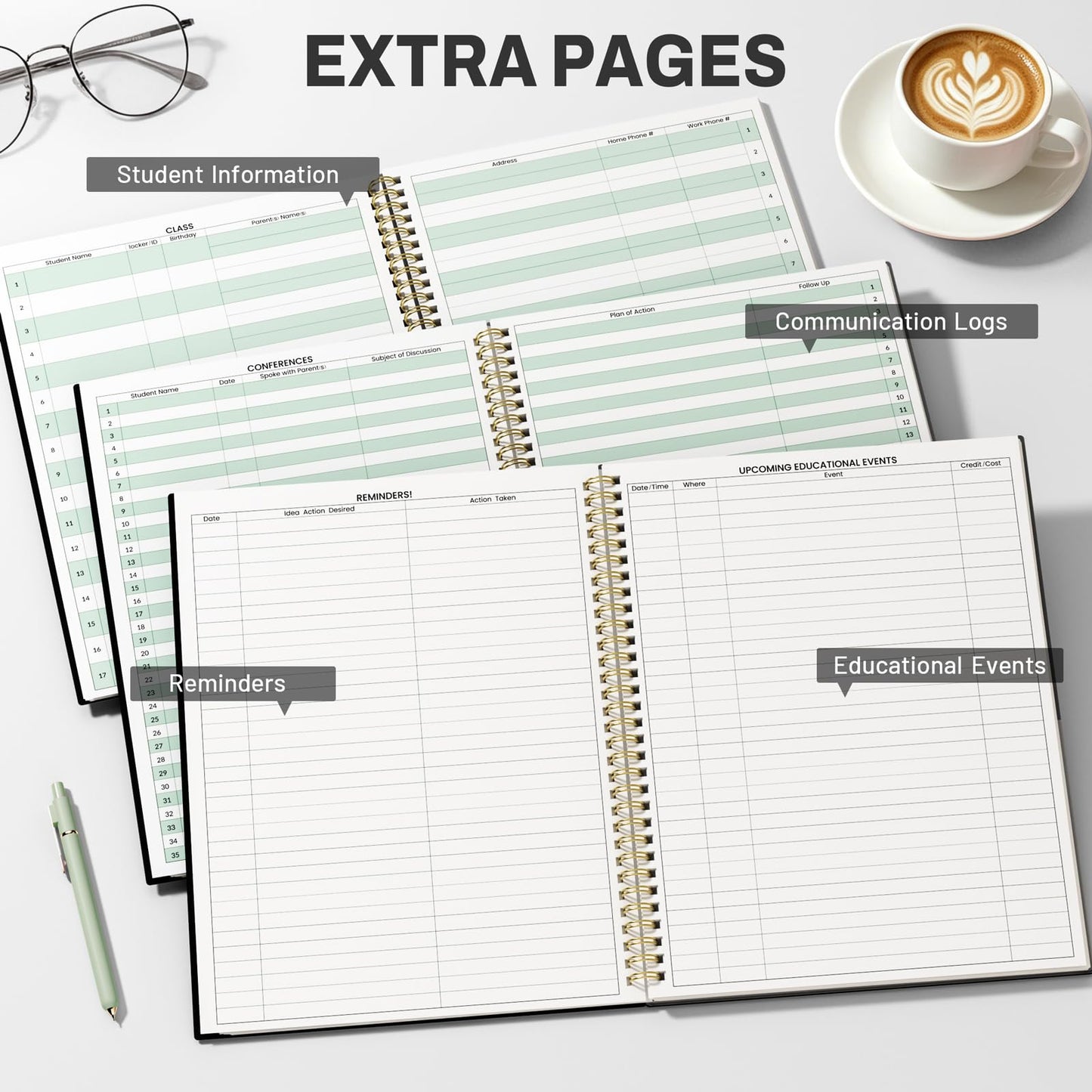 SUNEE Teacher Class Record Book for 9-10 weeks, 36 Names, 8.5x11 Inch, 104 Pages (52 Sheets), 100gsm Thick Paper, Larger Grade Recording up to 36 Students with Water-Resistant Plastic Cover, Black