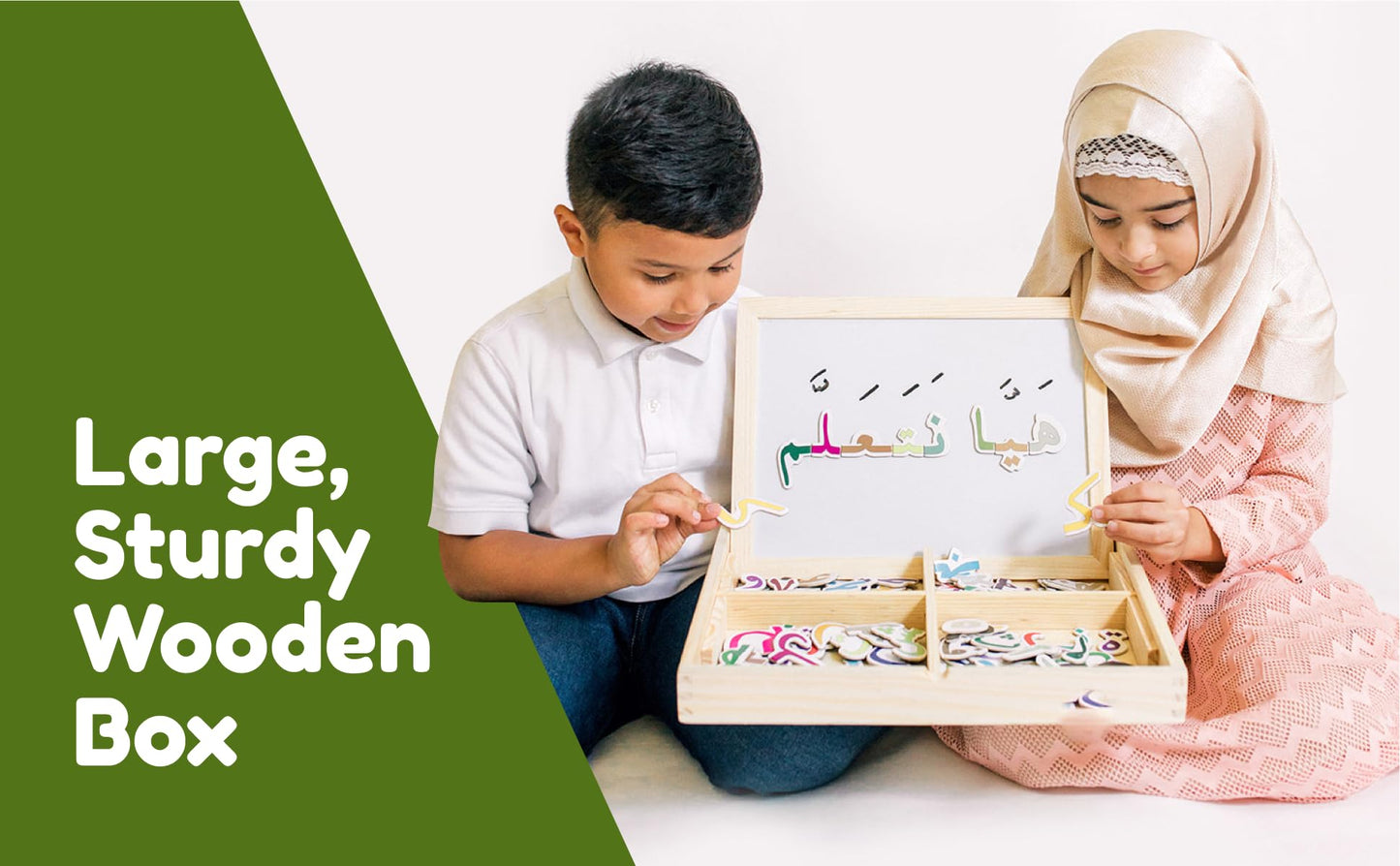 ILM Toolbox Build-A-Word Magnetic Arabic Letter Alphabet Set for Kids, 143 Wooden Arabic Letters in a Wooden Storage Box with Dry Erase Board