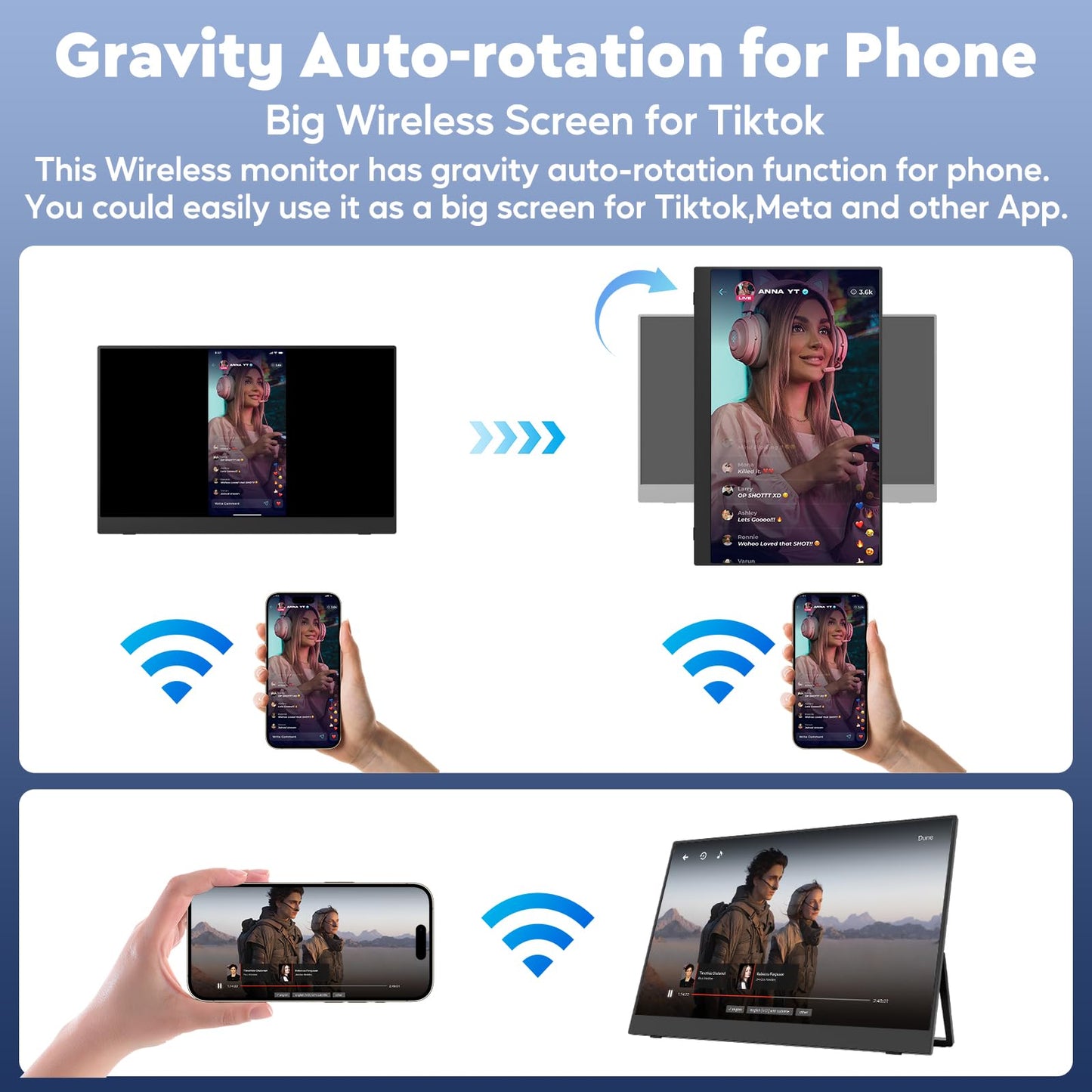 17.3" Wireless Portable Monitor with Built‑in 8000mAh Battery 4H, AirPlay & Miracast, 2.5K QHD 2560x1400 IPS Matte HDR, 125% sRGB, 500 Nits, VESA, Auto Rotation for Phone/Tablet, USB‑C & Mini HDMI