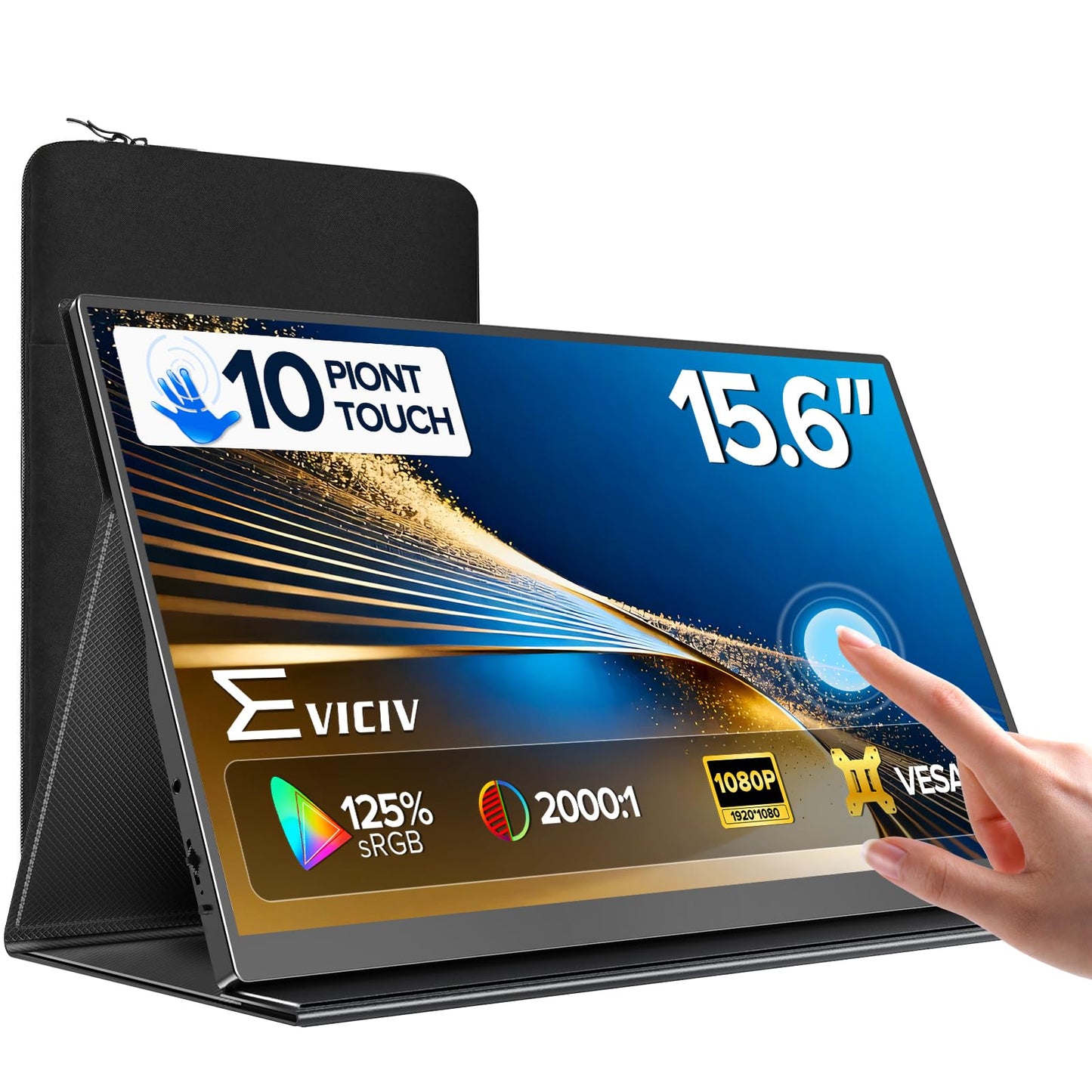 EVICIV Portable Monitor Touchscreen 15.6”, 125% sRGB 1080P IPS 10-Point Touch Screen Monitor, VESA & Case, MINI HDMI USB C, Ultra-Thin Travel Second Screen for Laptop, Computer, Game Consoles