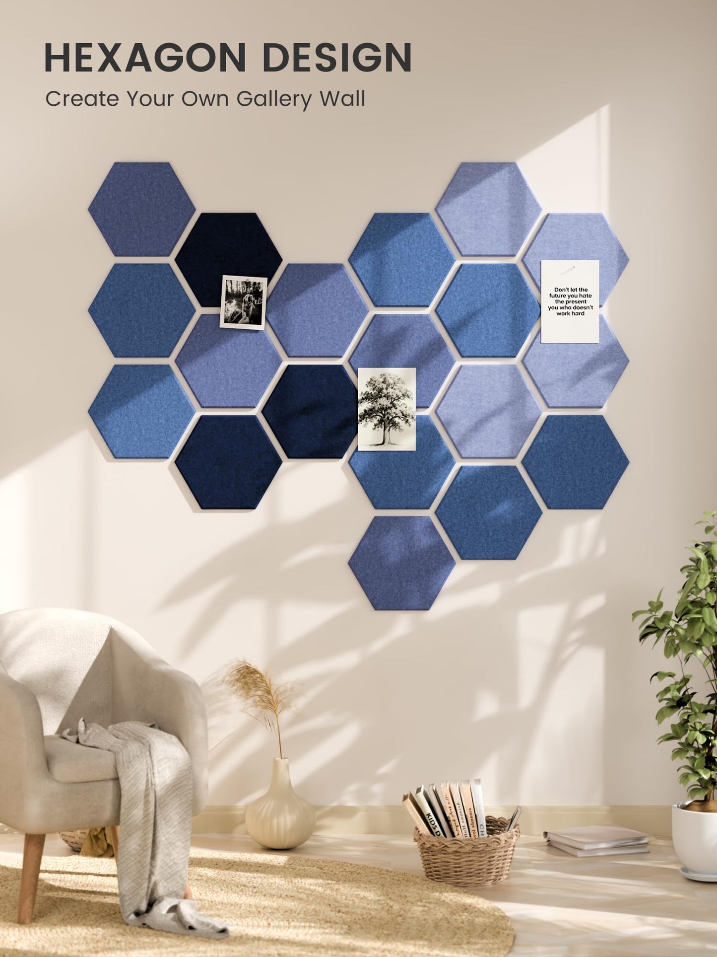 Fluxynara Hexagon Cork Board Alternative for Walls Decor-12-Pack Felt Bulletin Board Tiles,with 30 Pushpins,70 Adhesive Tabs for Office,Classrooms & Home Pin Board Felt Board-Denim Mist