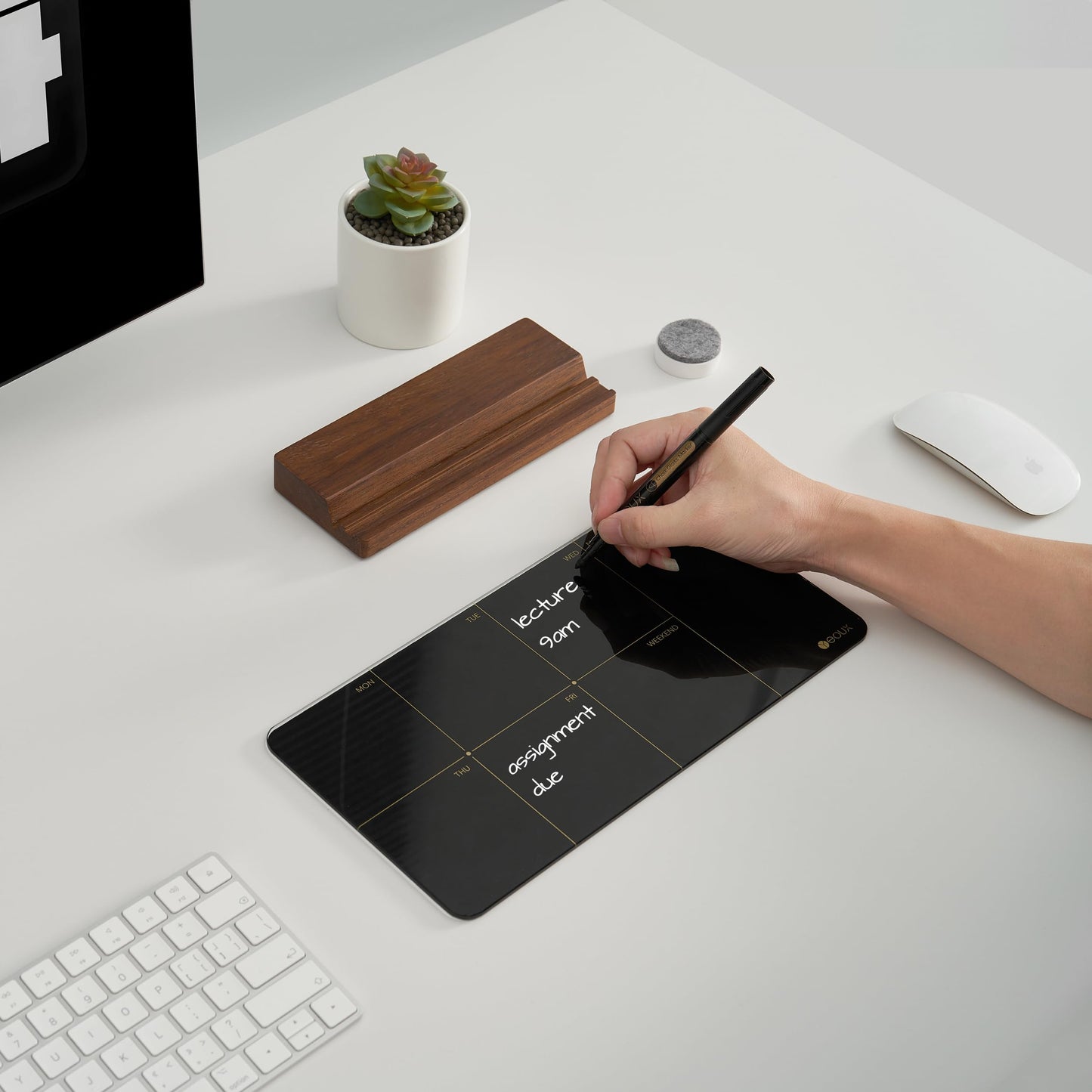 Desktop Black Glass Weekly Planner Dry Erase Whiteboard with Detachable Wood Stand,Small Portable Week Calendar to Do List White Board 12x6 for Office, Home, Schools, Marker&Eraser Included, Yeoux
