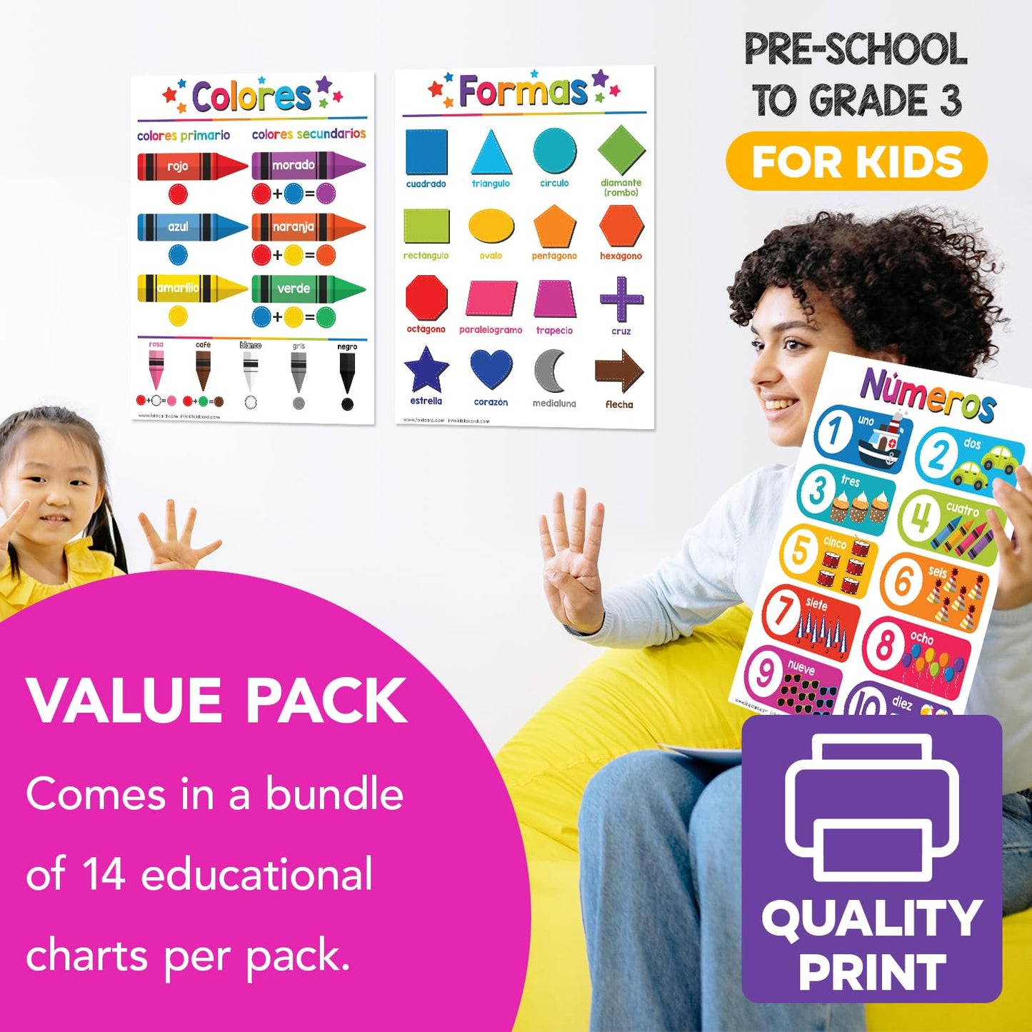 Spanish Educational Posters for Kids – Bundle of 14 Bilingual Classroom and Homeschool Learning Chart Decorations and School Materials, Preschool to Grade 3 | Durable, Glossy Cardstock | 8.5" x 11"