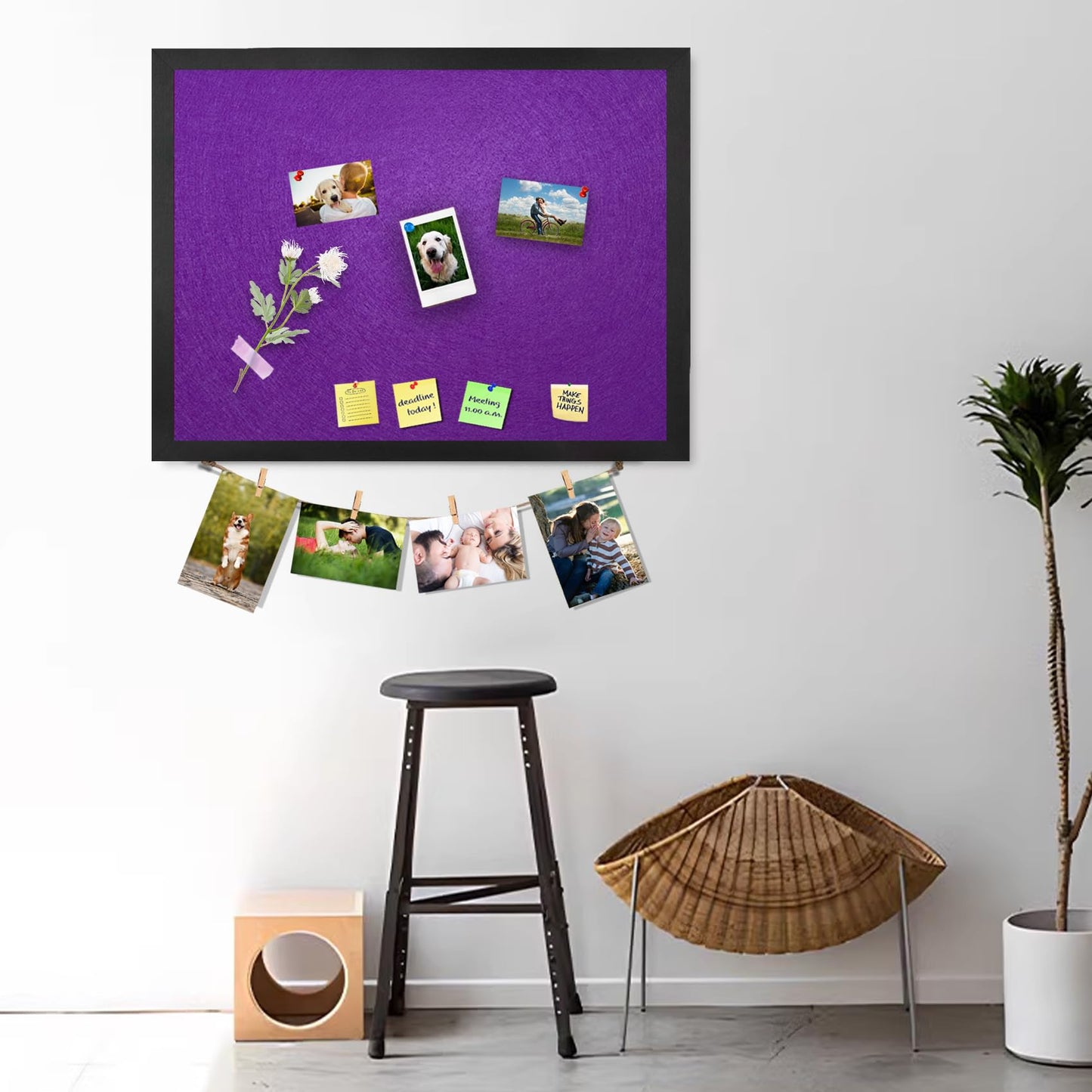 Origreen Bulletin Board Cork Boards with Felt, 17"x13" Small Display Pin Board Vision Board for Walls, Jewelry, Notes, Collection, Photos, Office, Wood Framed(Black) & Felt(Purple), 1pc