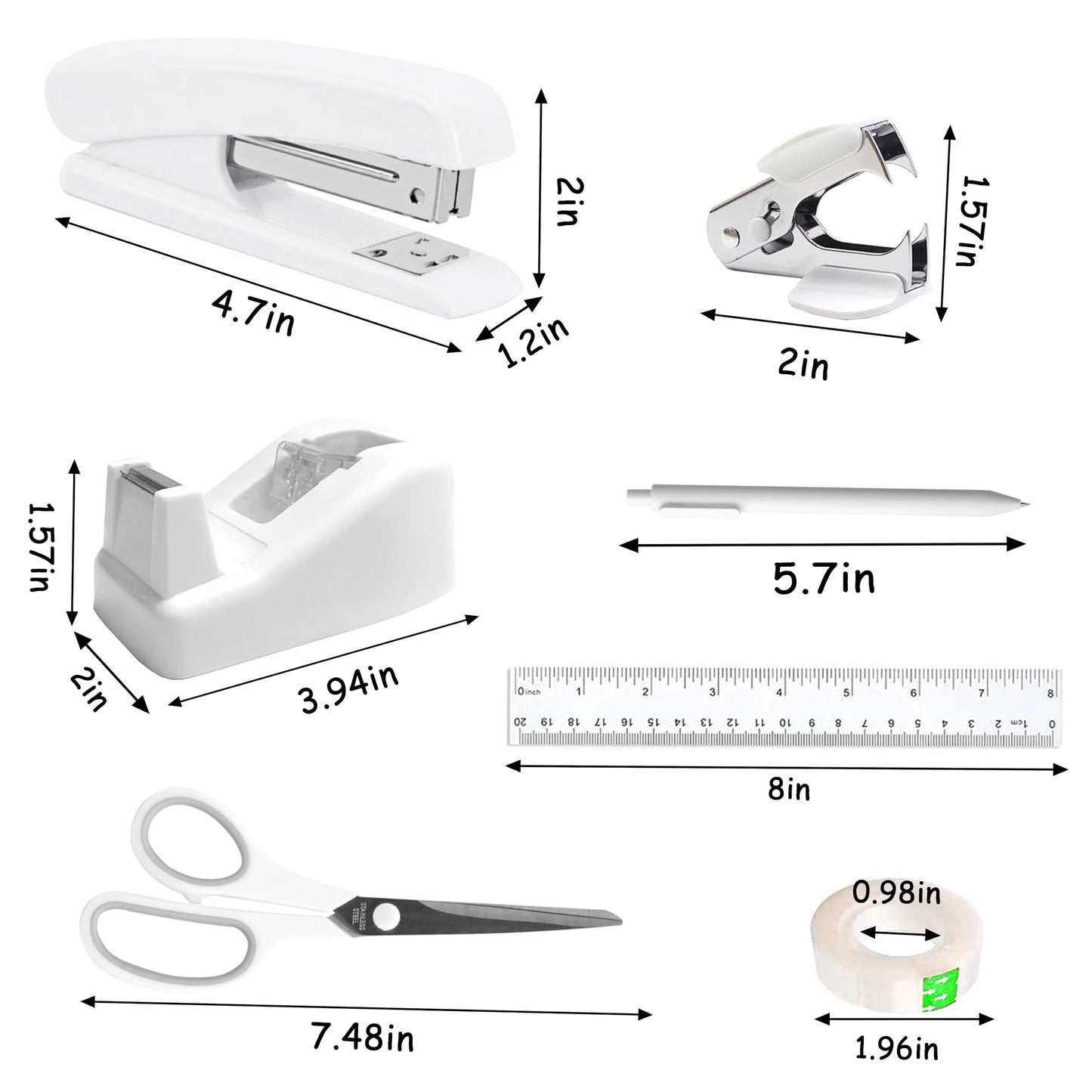 Dimonluce Office Desk Accessories, White Office Supplies Accessories with Tape Dispenser, Stapler, Staple Remover, 1000 Staples, Tape, Clips Set, Ruler, Scissor, Pen