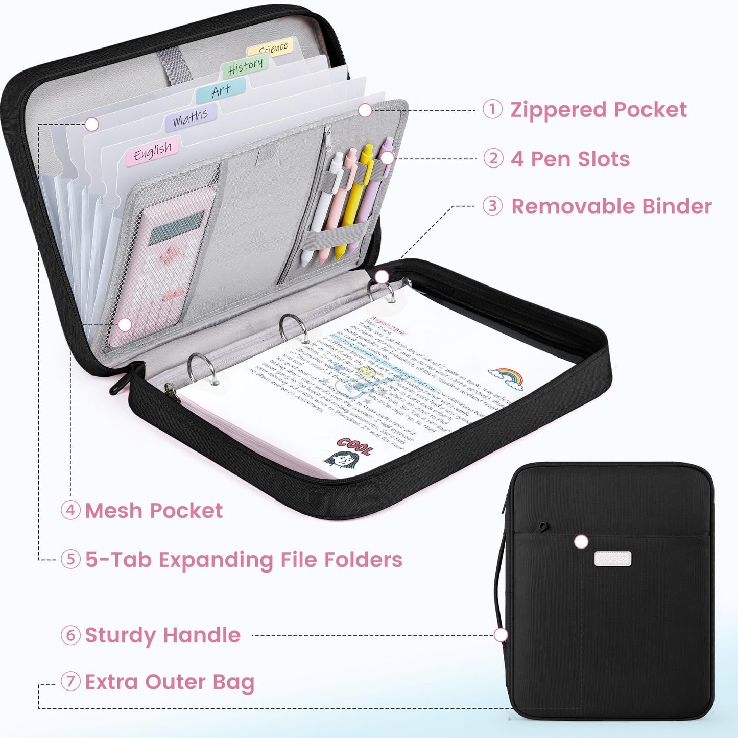 Sooez Zipper Binder Bag, 1.5 Inch Binders 3 Ring O-Ring, 5-Tab Dividers Expanding File Folder, 500-Sheet Capacity Three Ring Binder, Cute Organizer Storage for Student School Classroom Supplies, Black