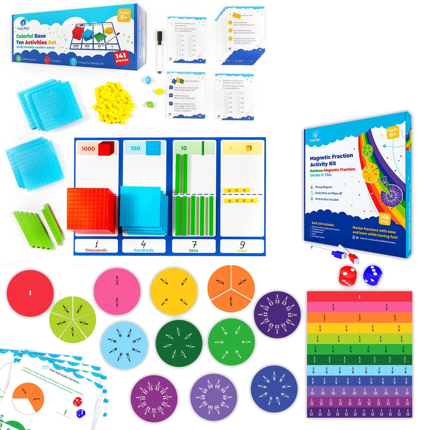 Simply magic 166 PCS Magnetic Fractions Activities Class Set & 140+1 PCS Colorful Base Ten Blocks & Activities Set for Math