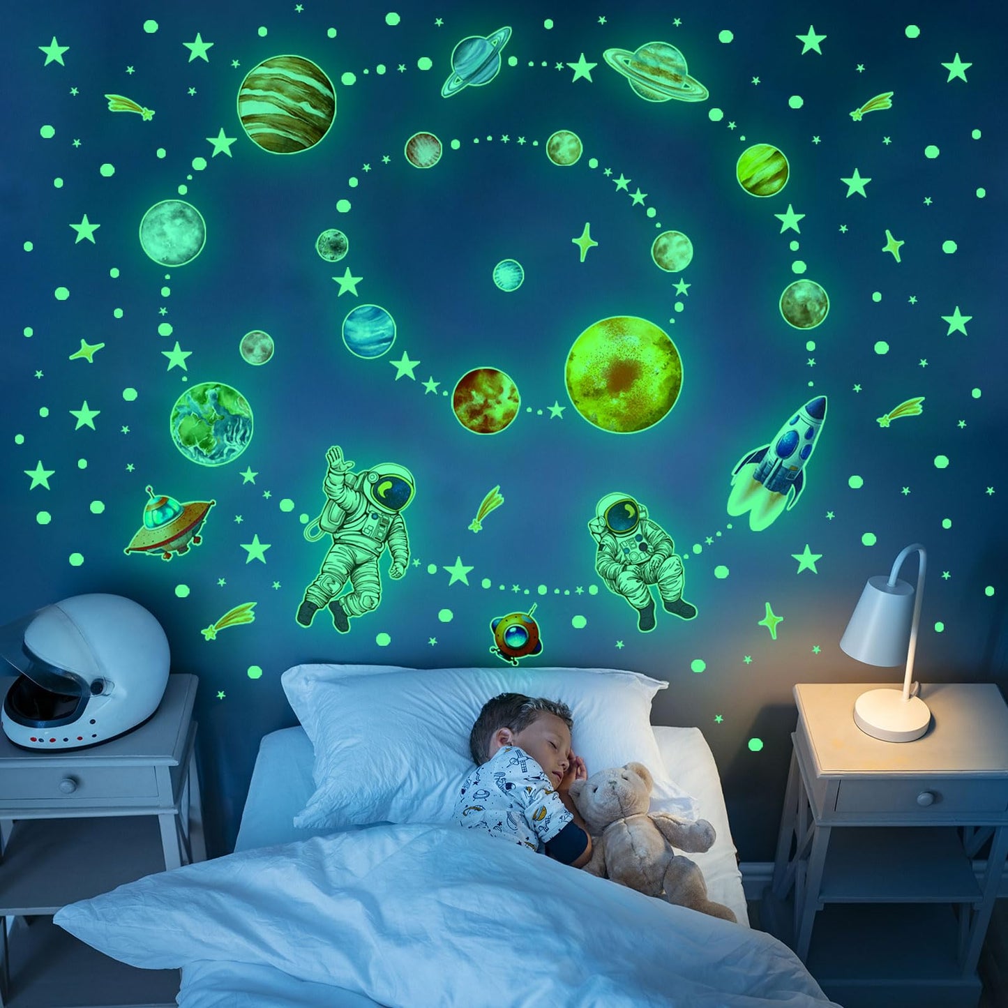 Glow in The Dark Solar System Wall Stickers 5 Sheets Bright Astronaut Planet Star Rocket Decals Peel and Stick Clings for Kids Room Bedroom Decoration