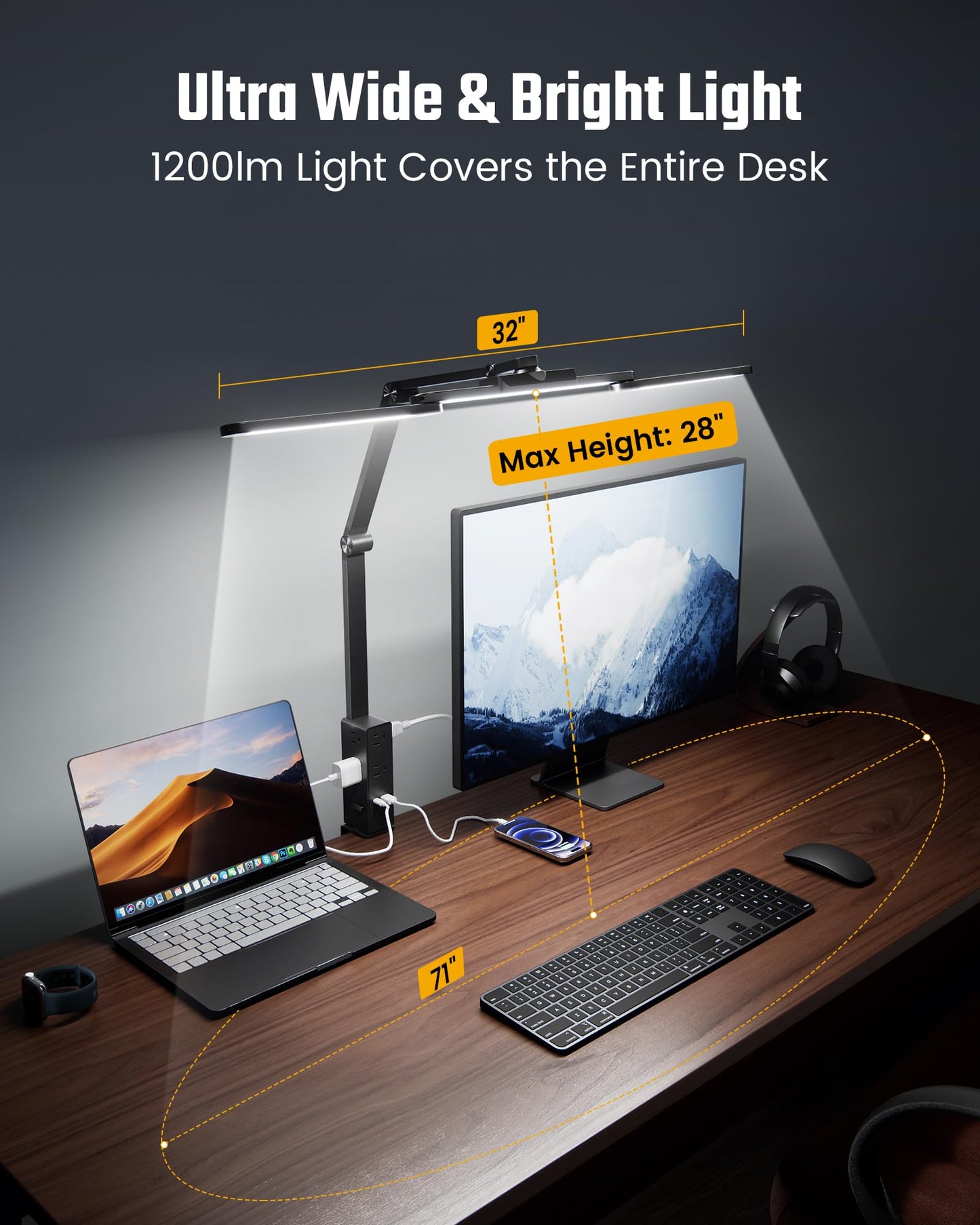 SUPERDANNY LED Desk Lamp with Power Strip, 6 Outlets, USB & Type-C, Large, Black, Model SDDL02