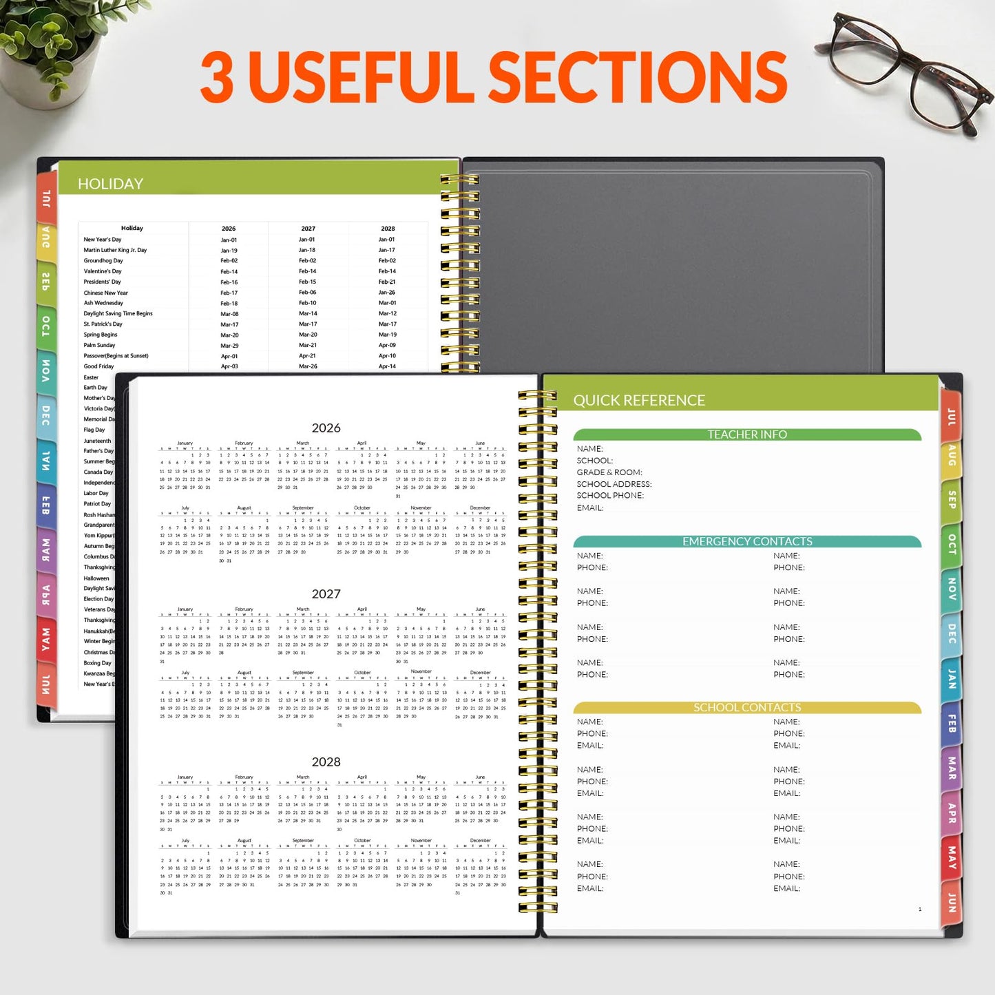 SUNEE Teacher Planner 2026-2027 Academic Year, Lite Lesson Planner Book with 7 Periods Jul 2026 - Jun 2027, 8.5"x11" Daily Weekly and Monthly Organizers, Plan Book with Pocket Folder, Color Tabs,Black