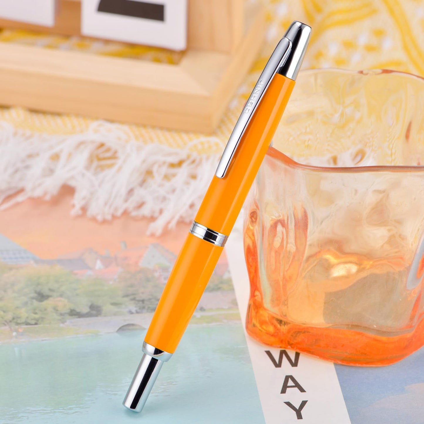 Jinhao 10 Press Fountain Pen with Box, Orange Retractable Extra Fine Nib with Ink Converter Set (Silver Clip)