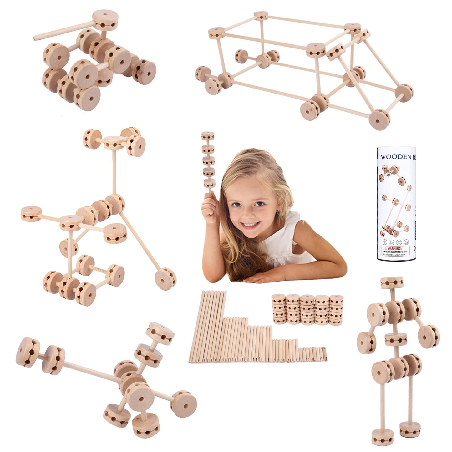 QZJVKBXY Wooden Building Blocks for Kids, STEM Preschool Learning Toys for Children, Educational Creative Construction Tinker Gift for Boys and Girls, 60 Pcs.