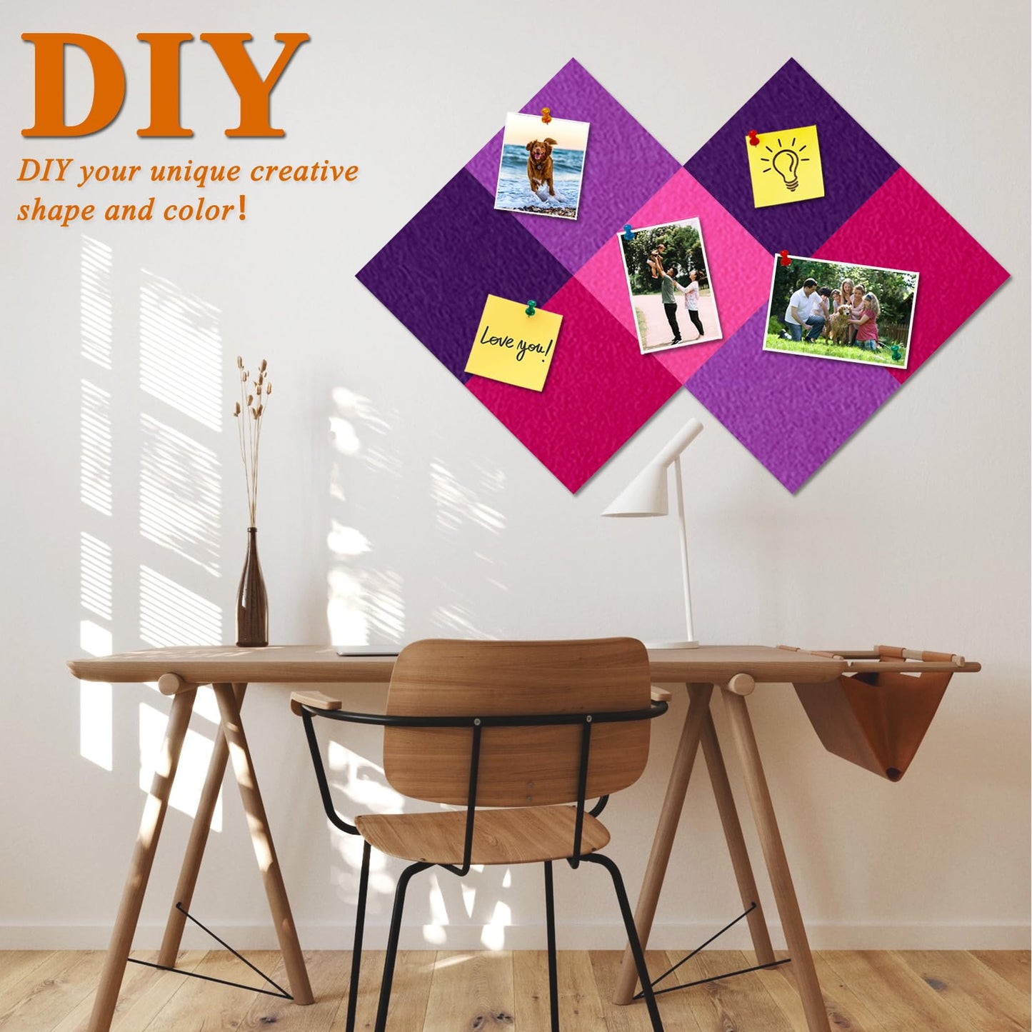 HULAVO Square Felt Cork Bulletin Board Tiles, Self Adhesive DIY Felt Pin Board for Wall 30" x 20" with 35 Pushpins for Office School Home Wall Decor Stickers Memos Photos Display (Gradual Purple)