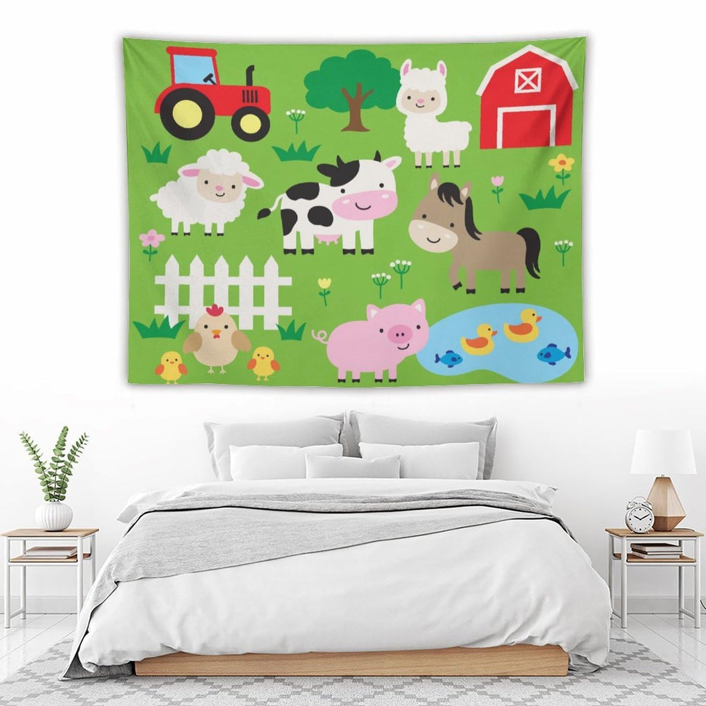 DDCBNS Cute Animal Tapestry, Cartoon Farm Animal Wall Hanging for Baby Kids' Rooms, Green Color, 80" x 60"