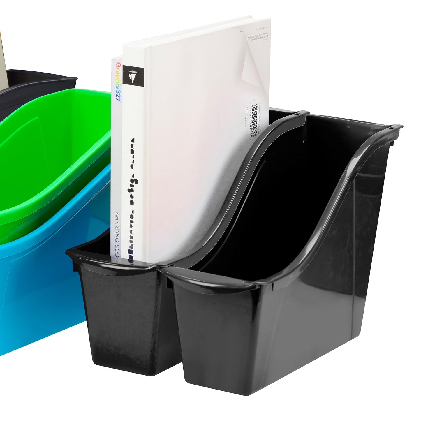Storex Small Book Bin - Interlocking Plastic Organizer for Home, Office, and Work Space - Black, 6-Pack (70123C06C)