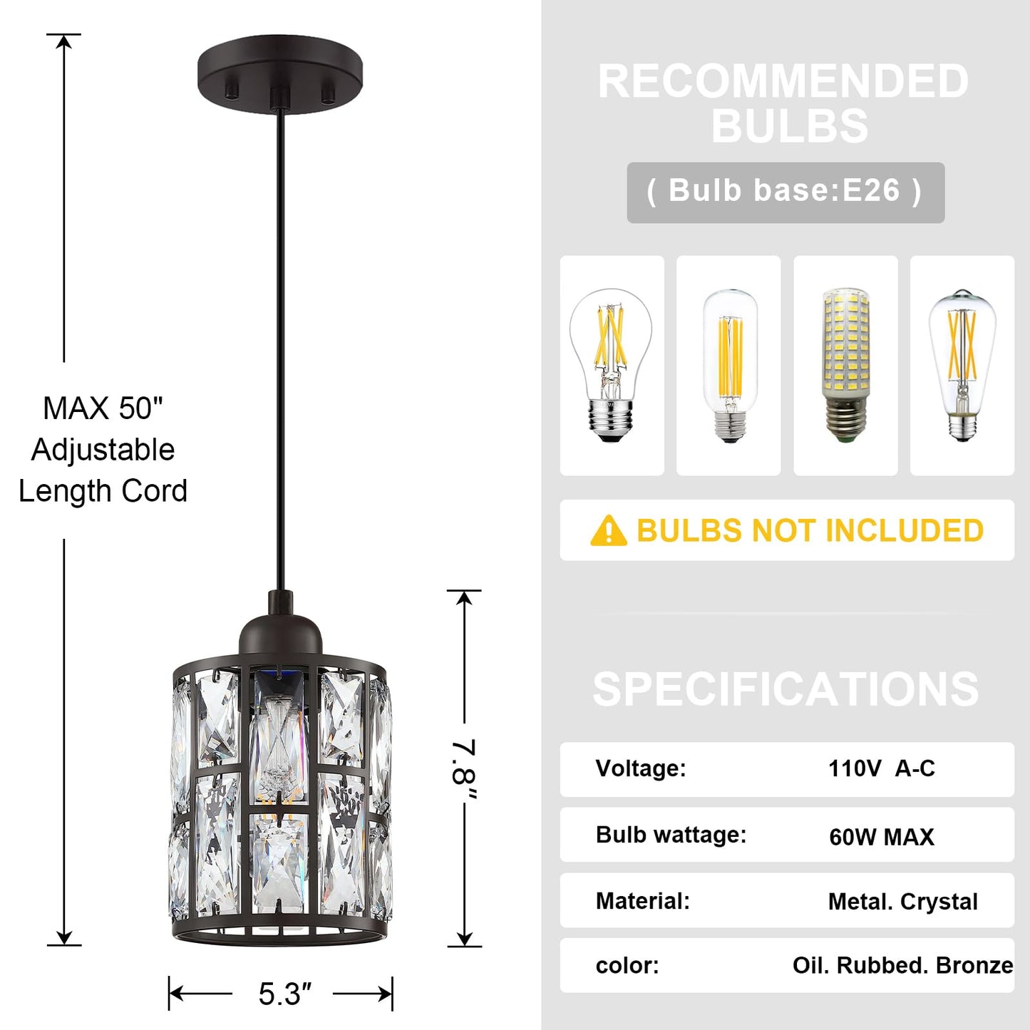Dolaimy House 2 Pack Crystal Hanging Pendant Light Fixture, 5.3in Oil Rubbed Bronze, Model X3773BD1NI