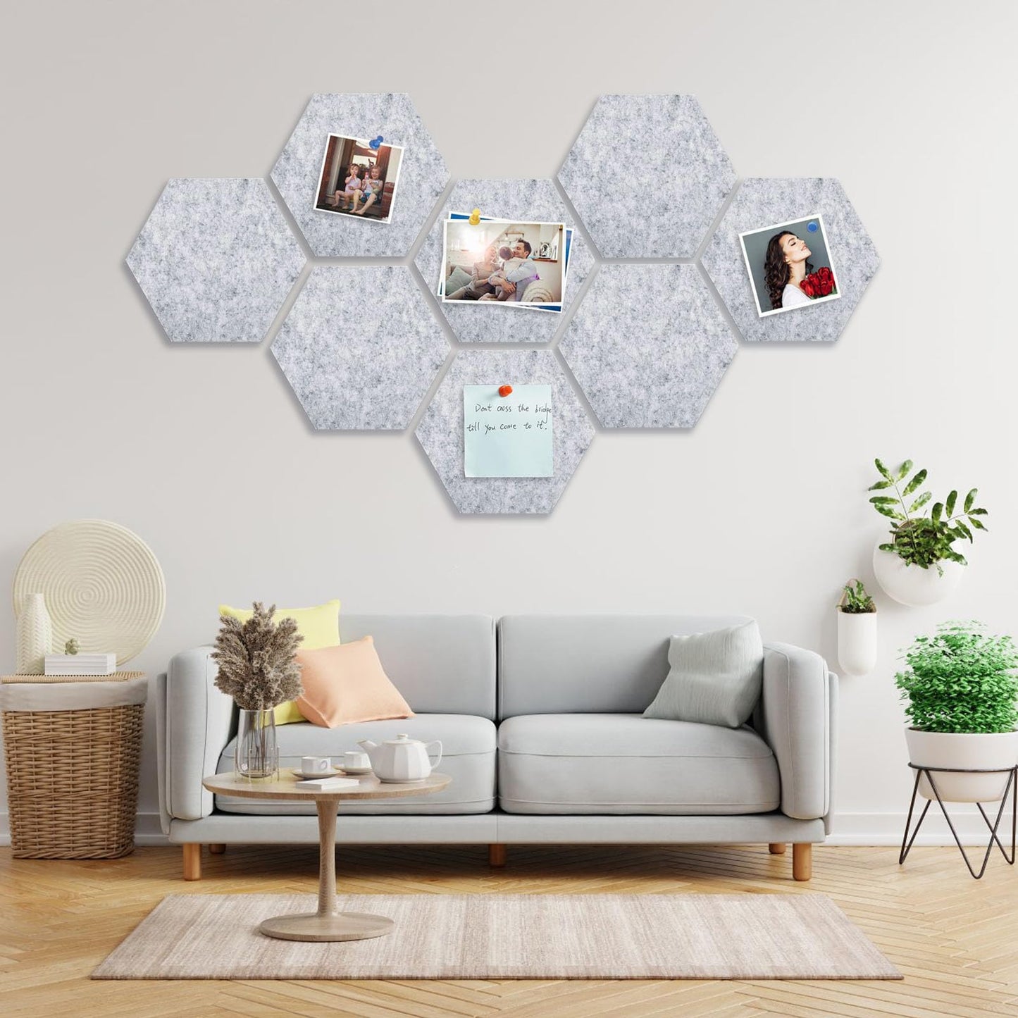 8 Packs Light Gray Hexagon Felt Pin Board, 12" Bulletin Board with 30 Push Pins, Felt Board for Home Kitchen Office Decor, Self-Adhesive Corkboard Tiles for Walls School Message Photos Memos