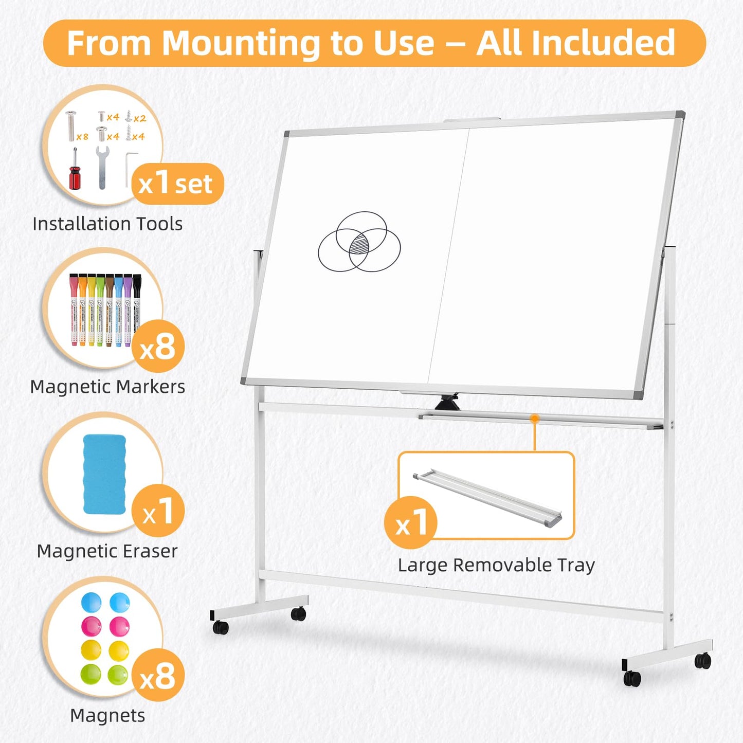 WALGLASS Rolling Dry Erase Whiteboard, 48"x36" Double-Sided White Board on Wheels, Large Portable White Board with Stand, Mobile Standing Whiteboards for Office, Home, School, Classroom 4x3 ft
