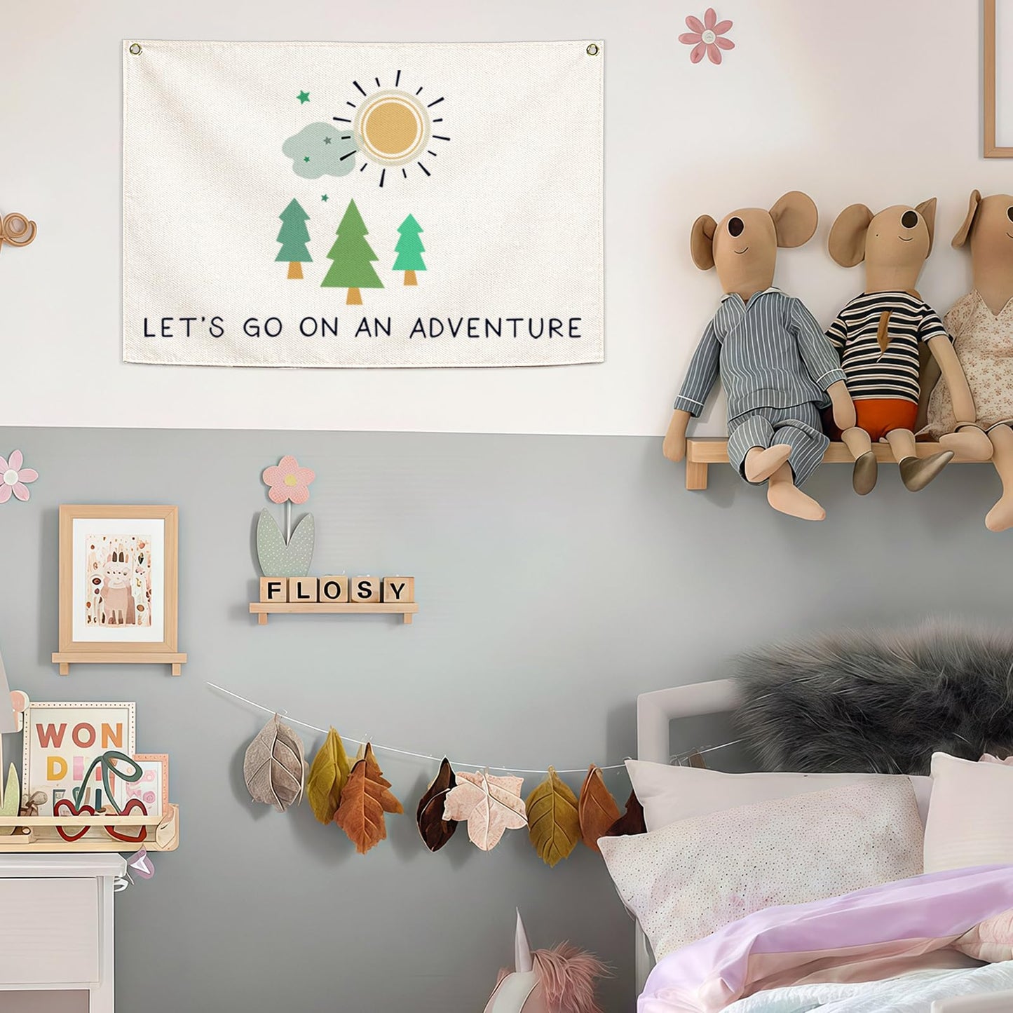 Nursery Canvas Rectangular Banner Flag Poster Wall Decor-Hanging Wall Decoration for Nursery Bedroom Playroom,Birthday Christmas Gift for Baby Kids Girl Boy Teen,Let’s Go On an Adventure 28.5"L×20"W