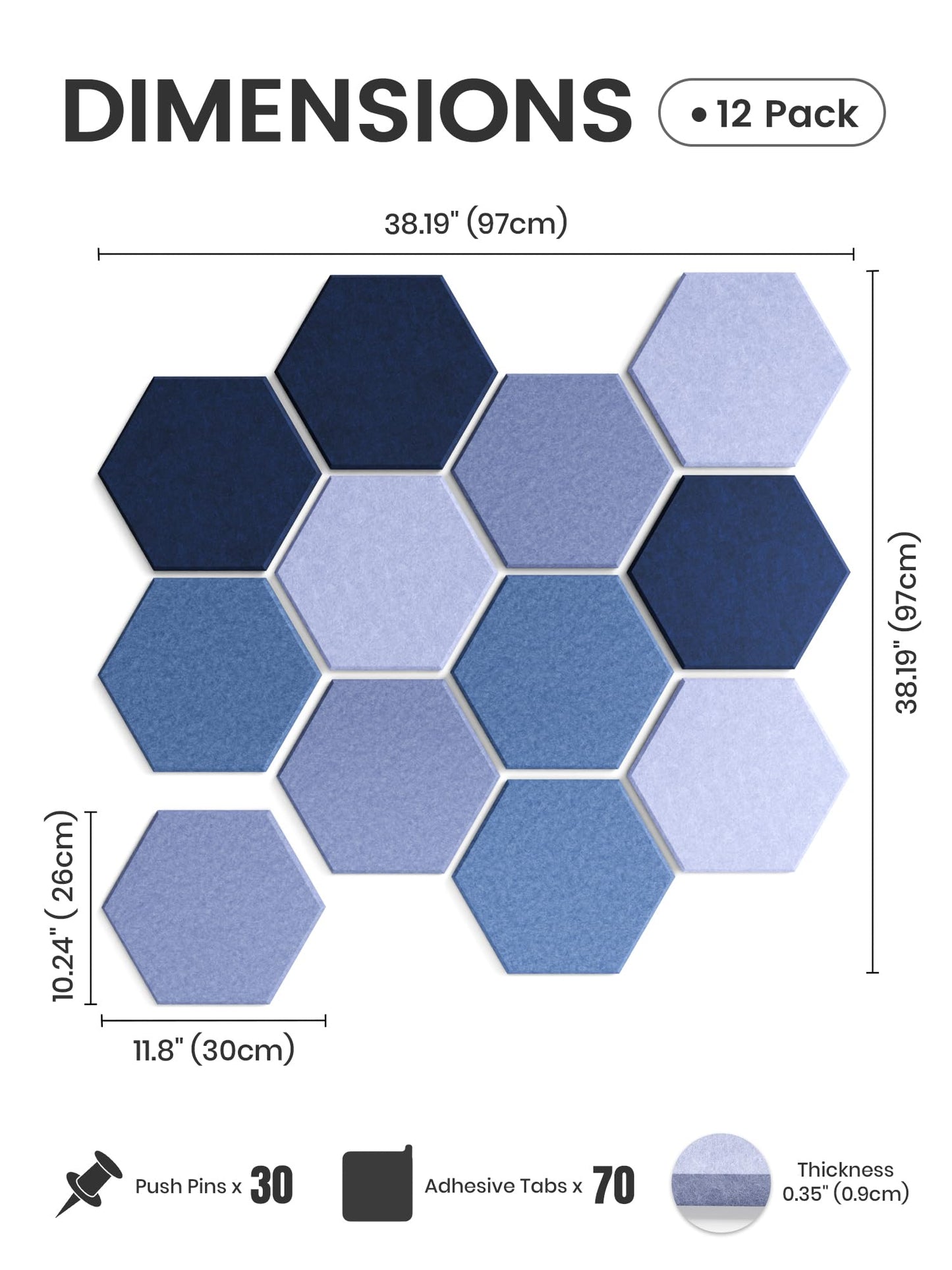 Fluxynara Hexagon Cork Board Alternative for Walls Decor-12-Pack Felt Bulletin Board Tiles,with 30 Pushpins,70 Adhesive Tabs for Office,Classrooms & Home Pin Board Felt Board-Denim Mist
